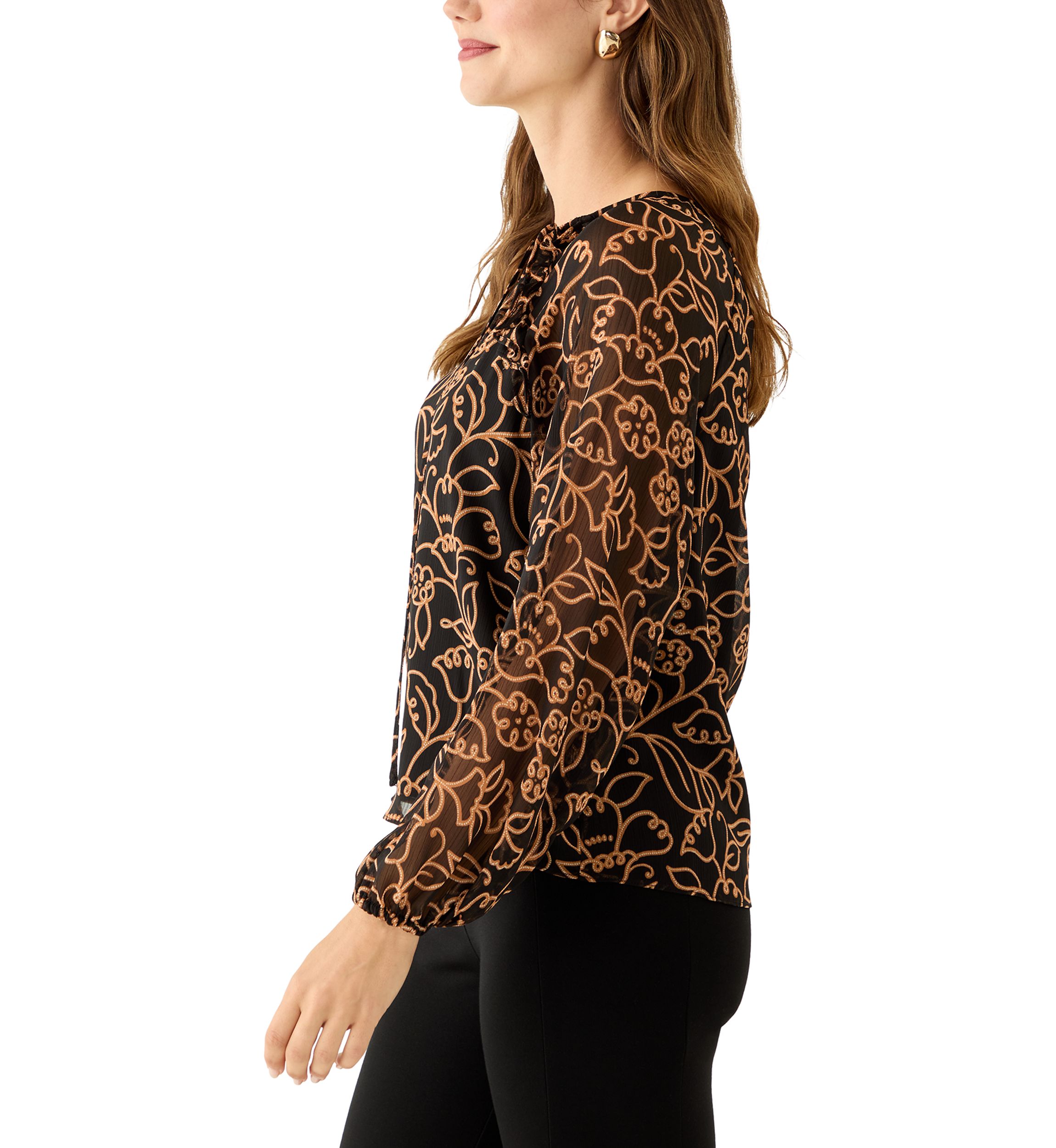 Womens Long Sleeve Split Neck Floral Ruffle Blouse 