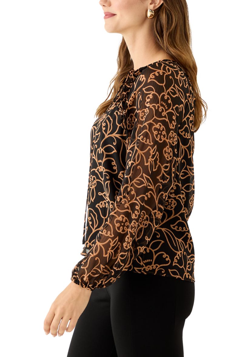 Womens Long Sleeve Split Neck Floral Ruffle Blouse 