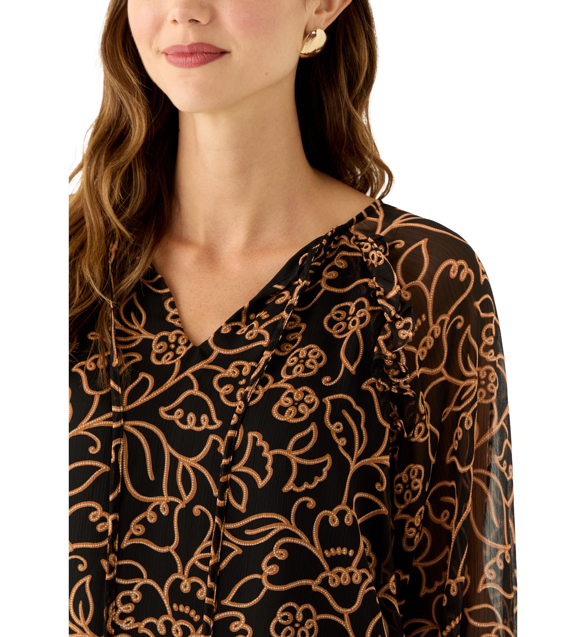 Womens Long Sleeve Split Neck Floral Ruffle Blouse 
