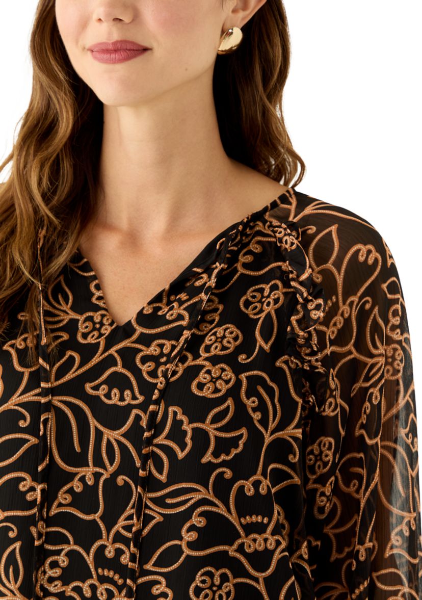 Womens Long Sleeve Split Neck Floral Ruffle Blouse 