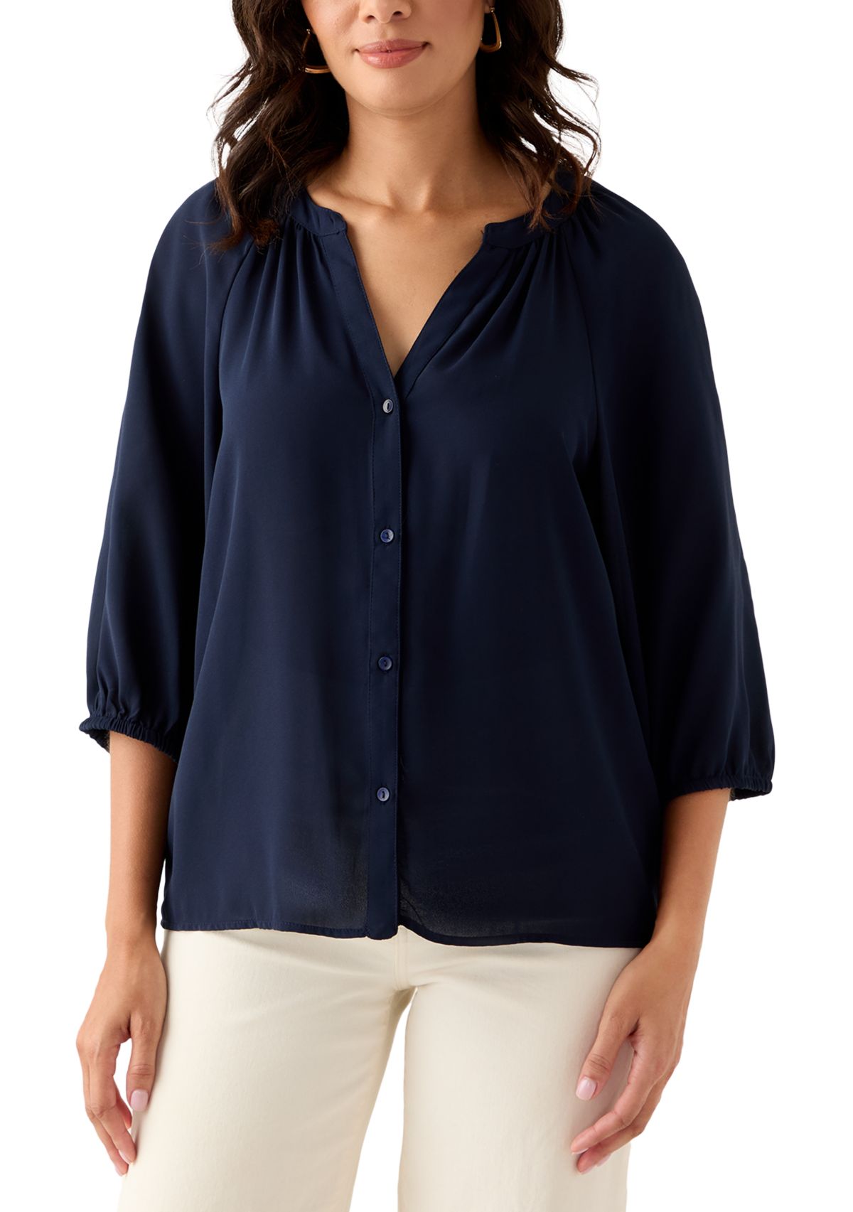 Womens 3/4 Sleeve Split Neck Button Front Top