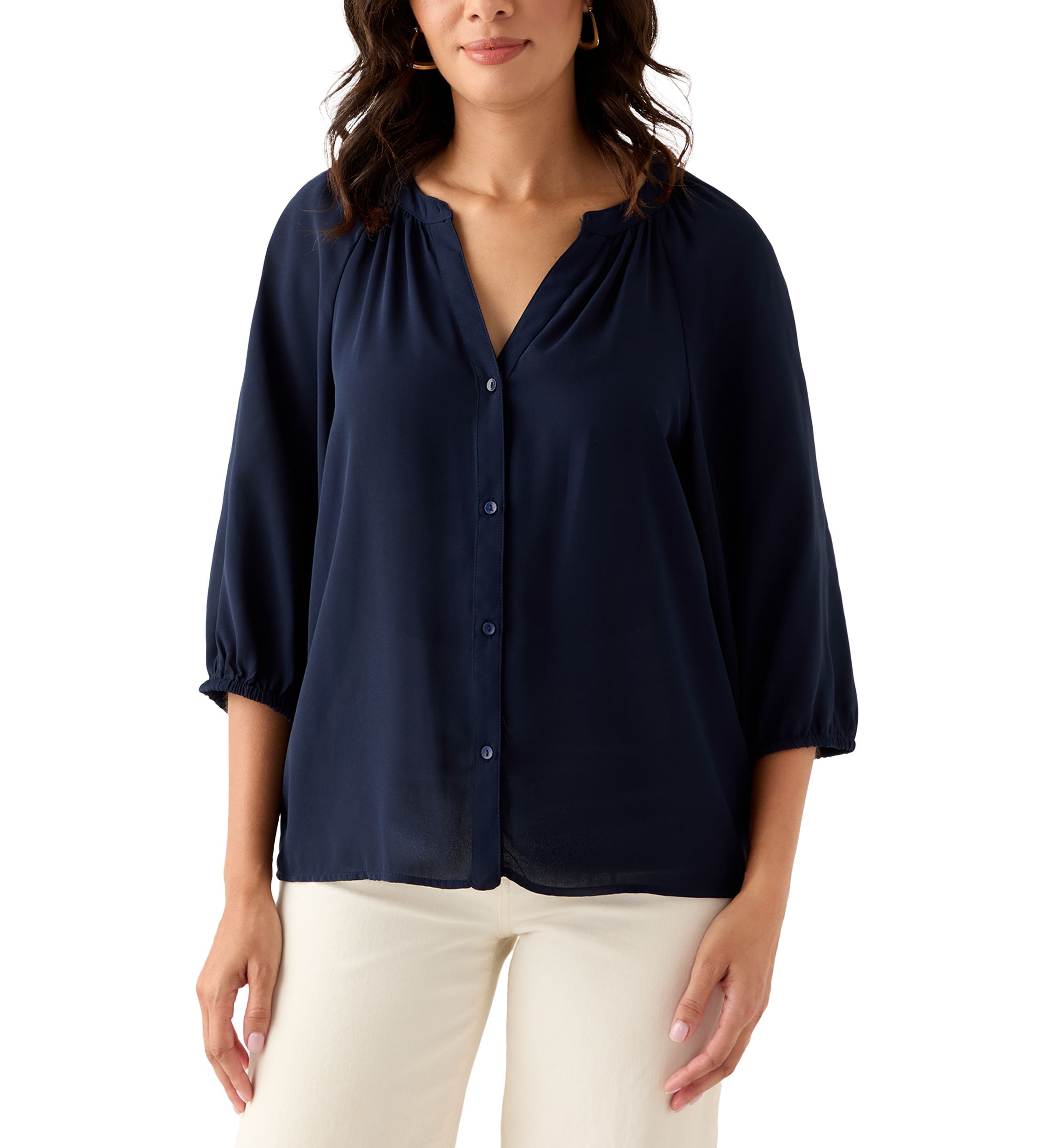 Womens 3/4 Sleeve Split Neck Button Front Top