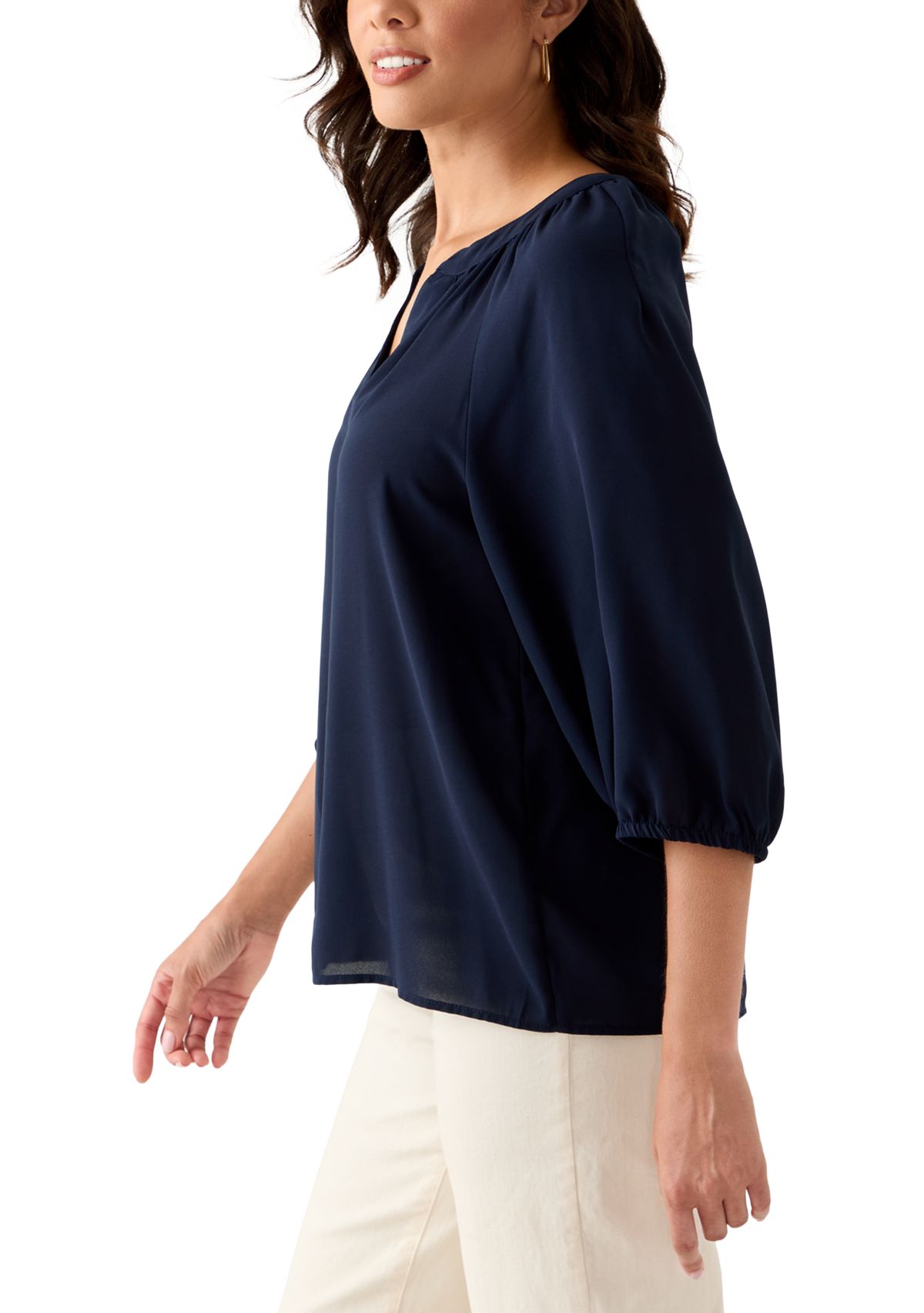 Womens 3/4 Sleeve Split Neck Button Front Top