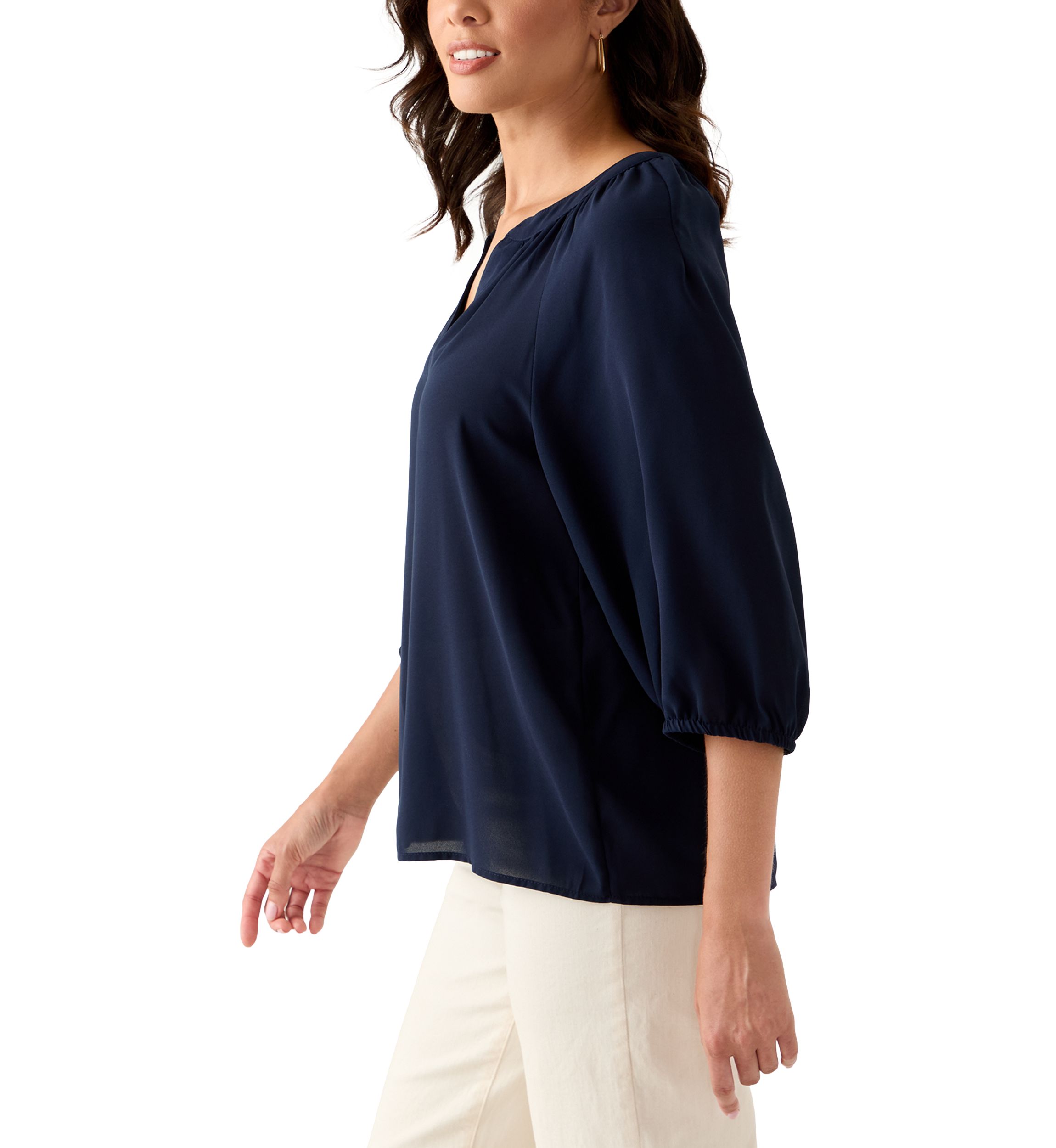 Womens 3/4 Sleeve Split Neck Button Front Top