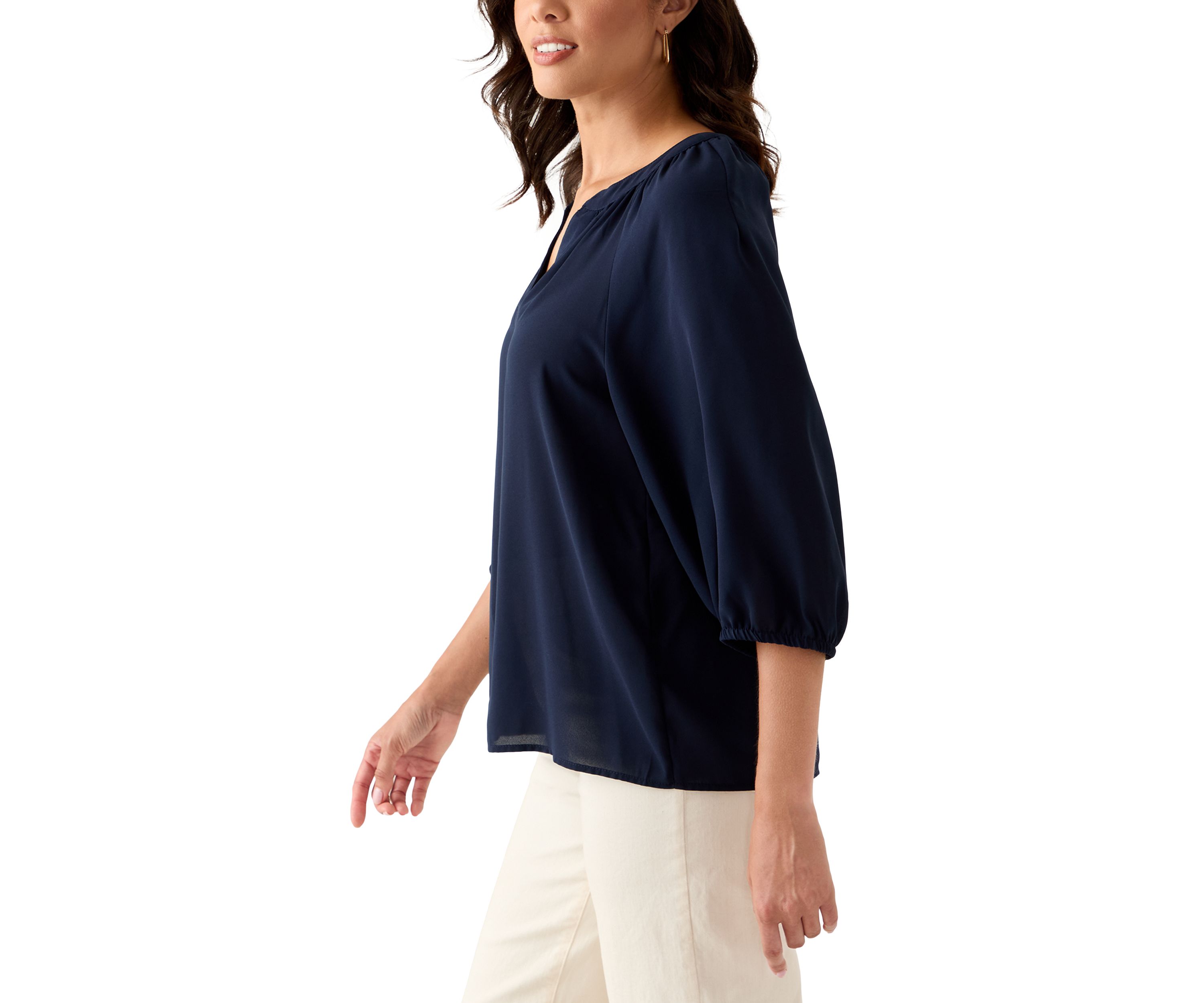 Womens 3/4 Sleeve Split Neck Button Front Top