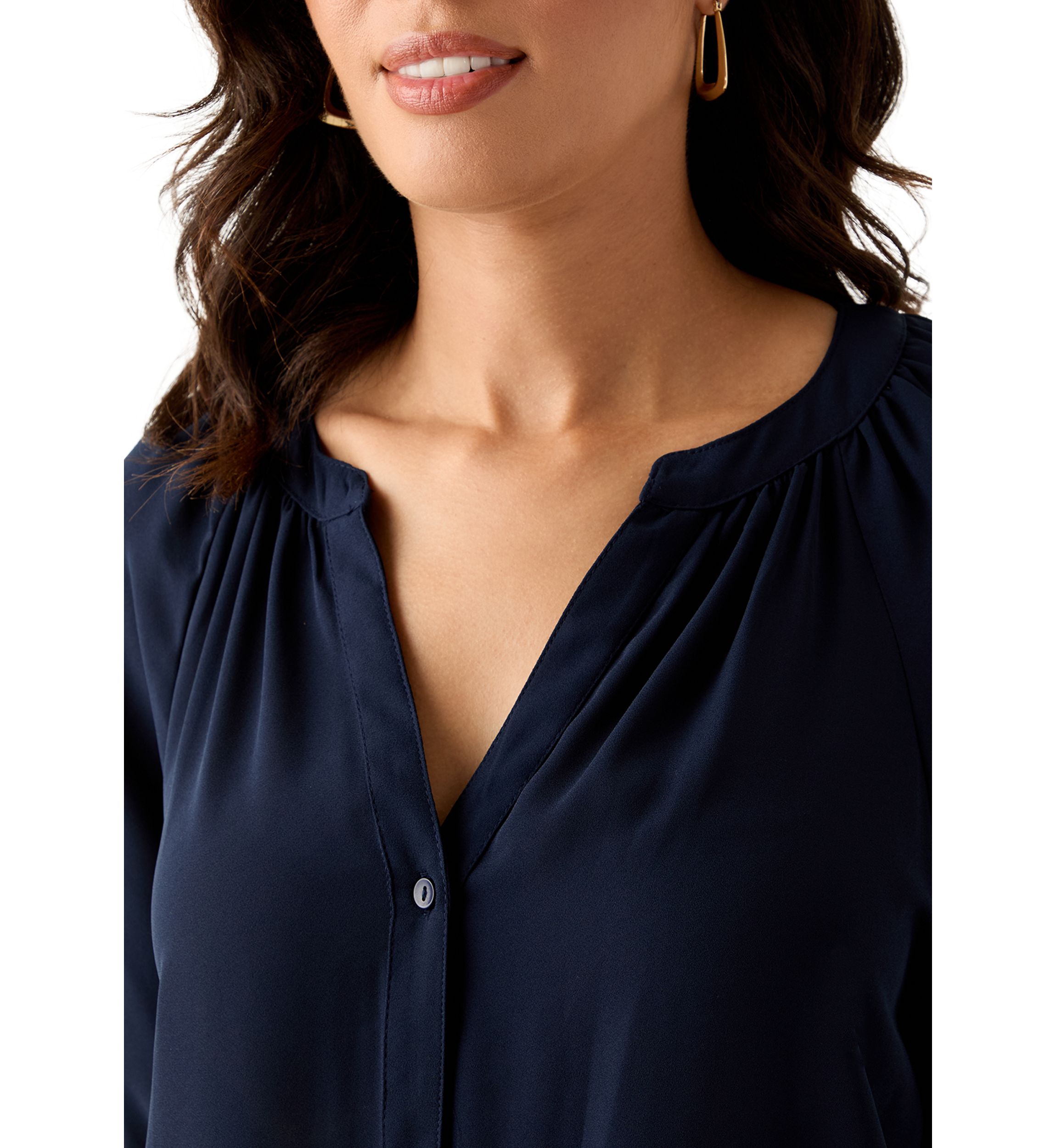 Womens 3/4 Sleeve Split Neck Button Front Top