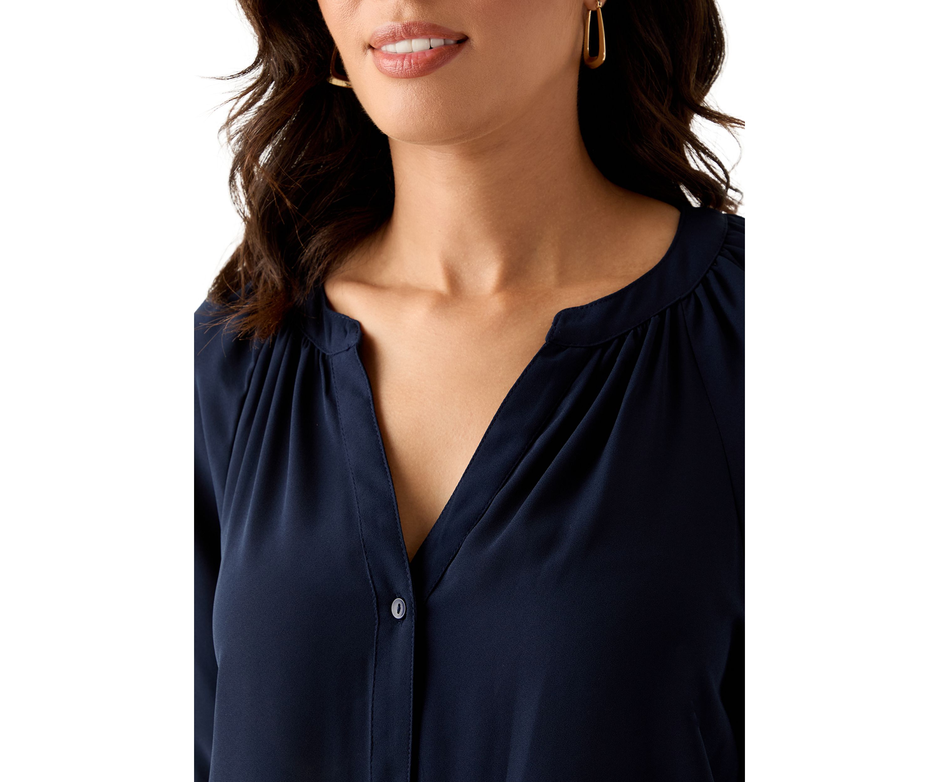 Womens 3/4 Sleeve Split Neck Button Front Top