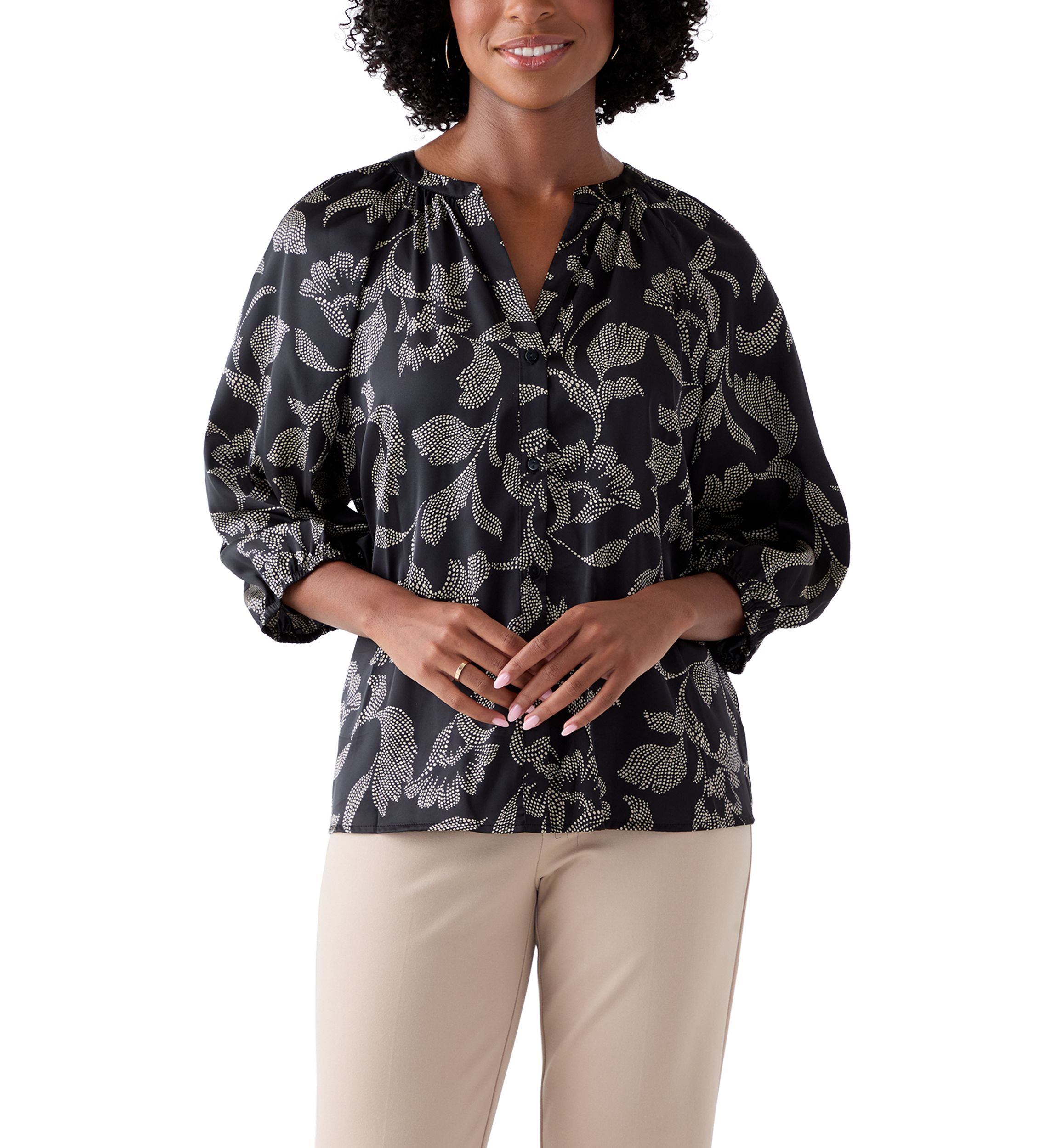  Womens 3/4 Sleeve Split Neck Button Front Top 