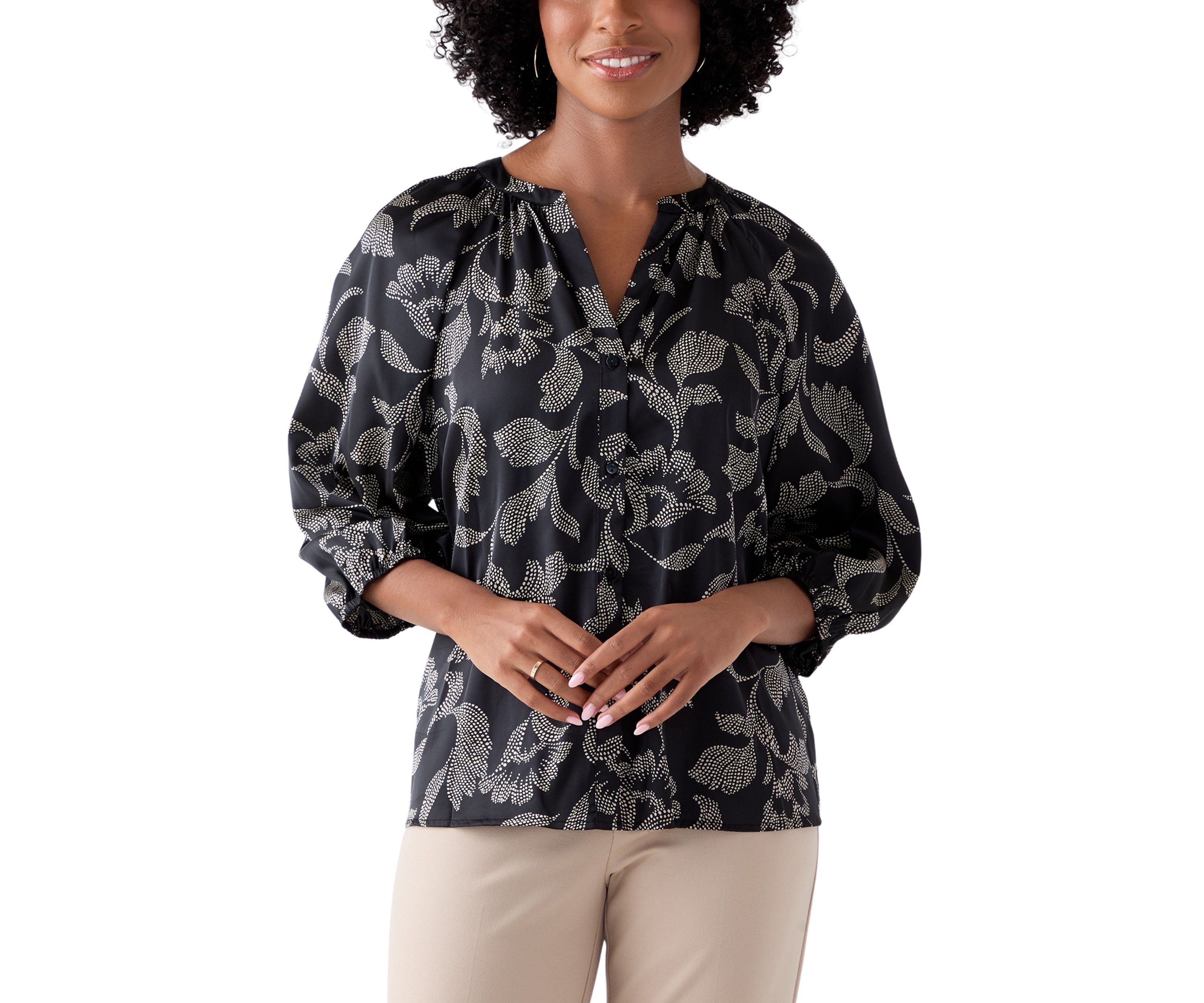  Womens 3/4 Sleeve Split Neck Button Front Top 