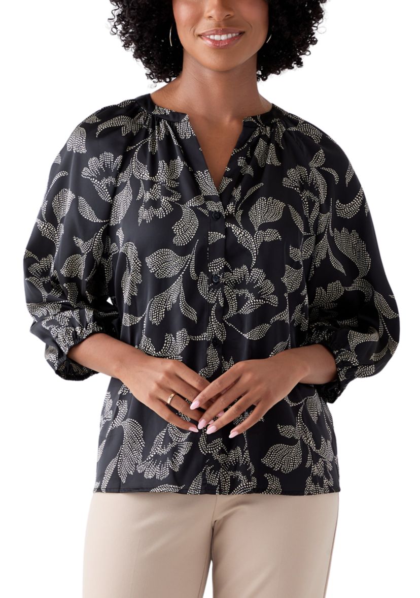  Womens 3/4 Sleeve Split Neck Button Front Top 