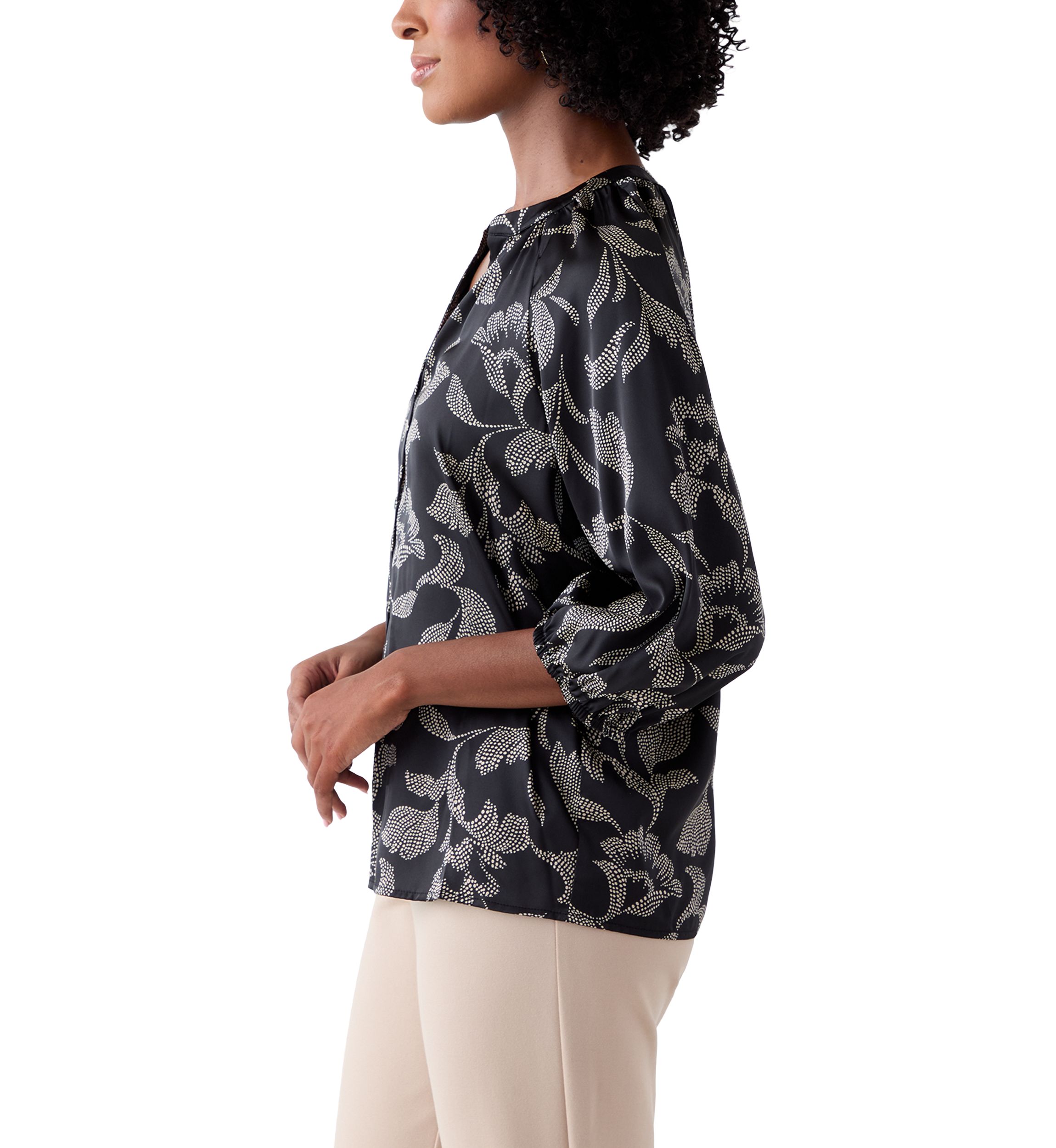  Womens 3/4 Sleeve Split Neck Button Front Top 