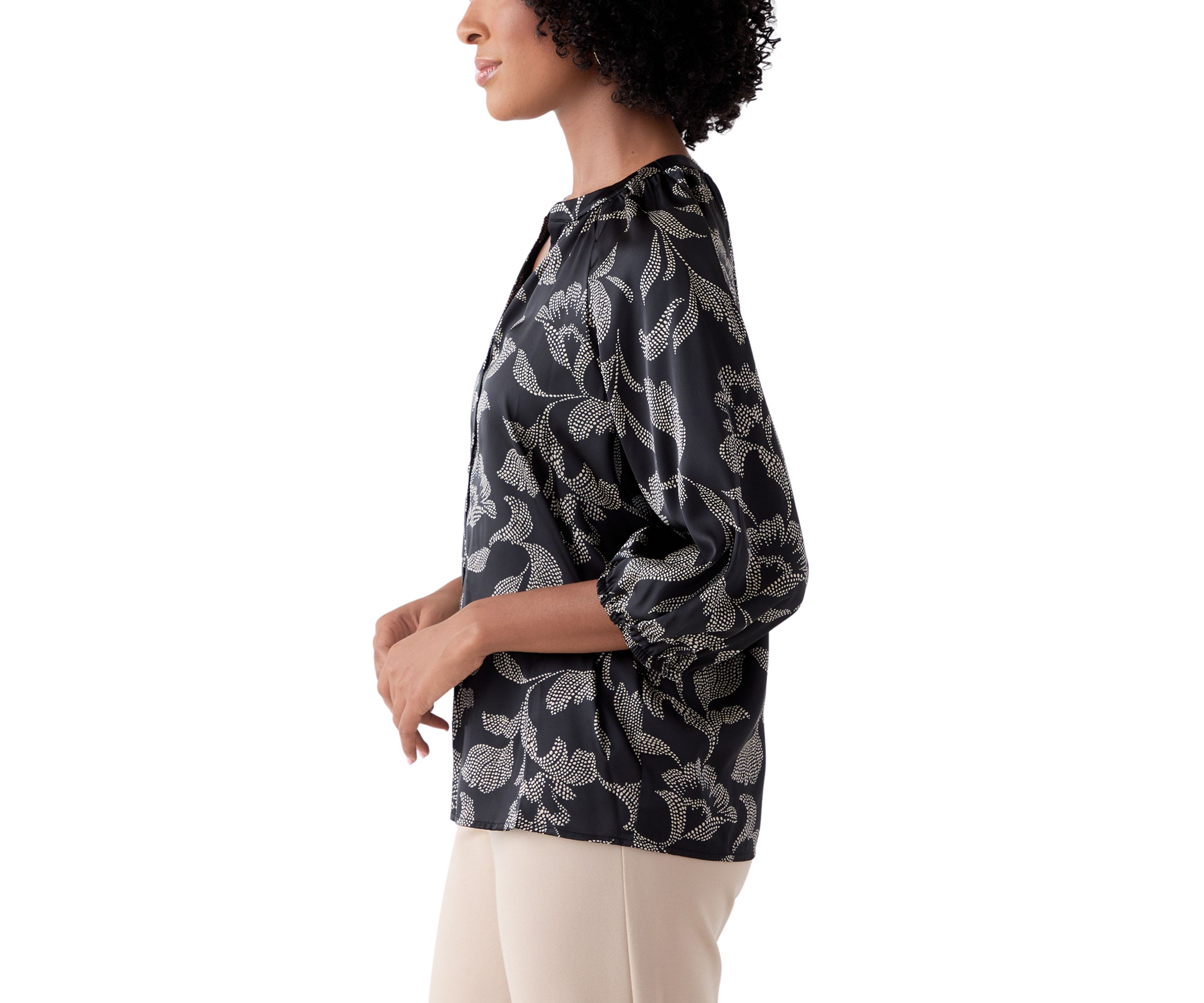  Womens 3/4 Sleeve Split Neck Button Front Top 