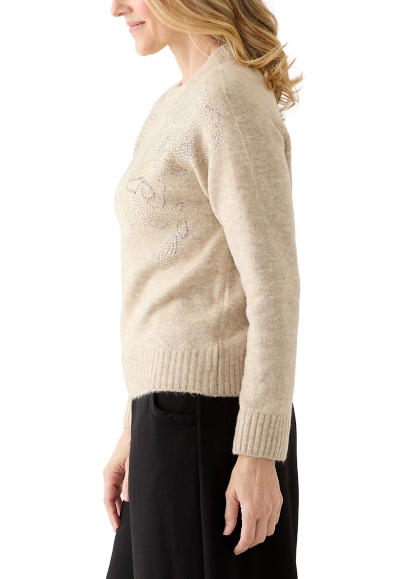 Womens Long Sleeve Floral Appliqué Sweater