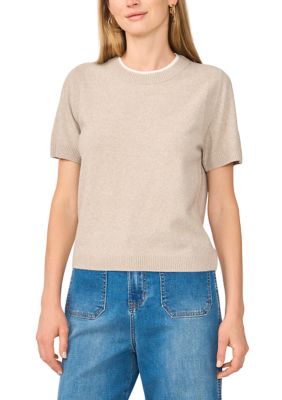 Vince Camuto Women's Short Sleeve Tipped Crew Neck Sweater, XL