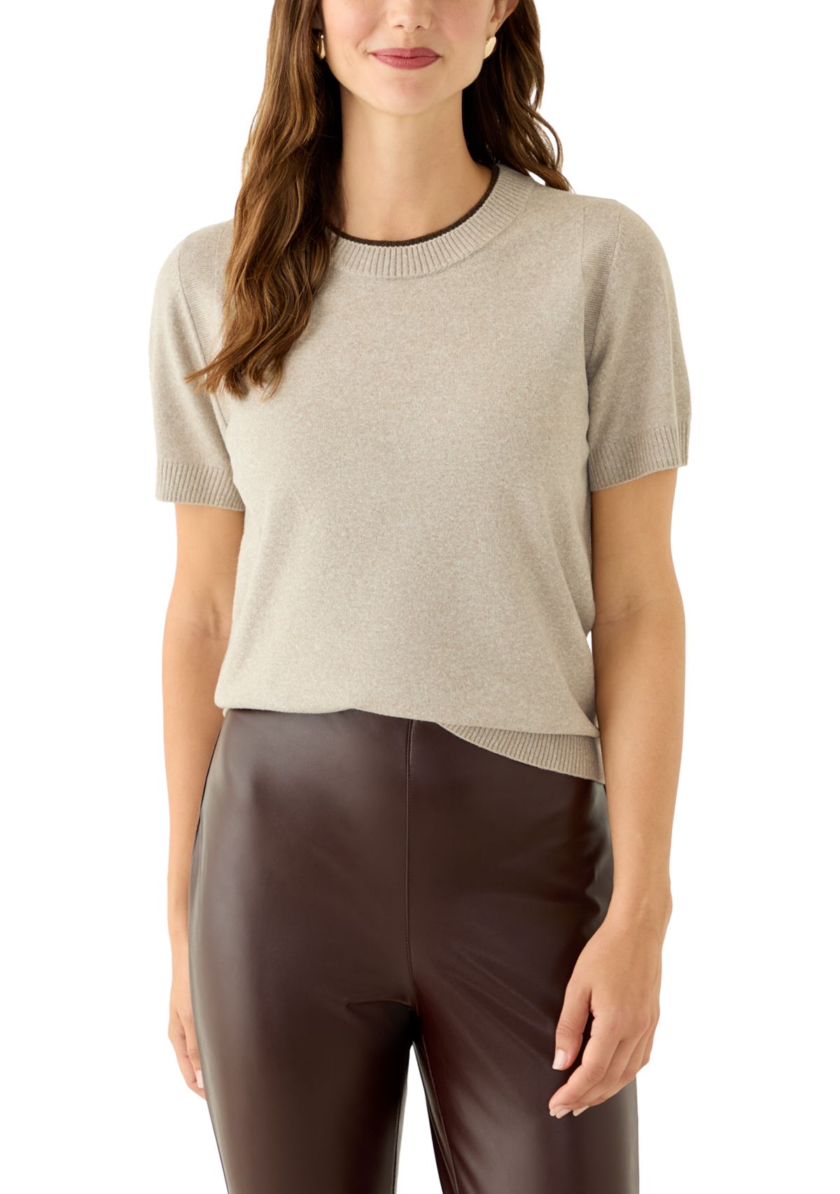 Womens Short Sleeve Tipped Crew Neck Sweater