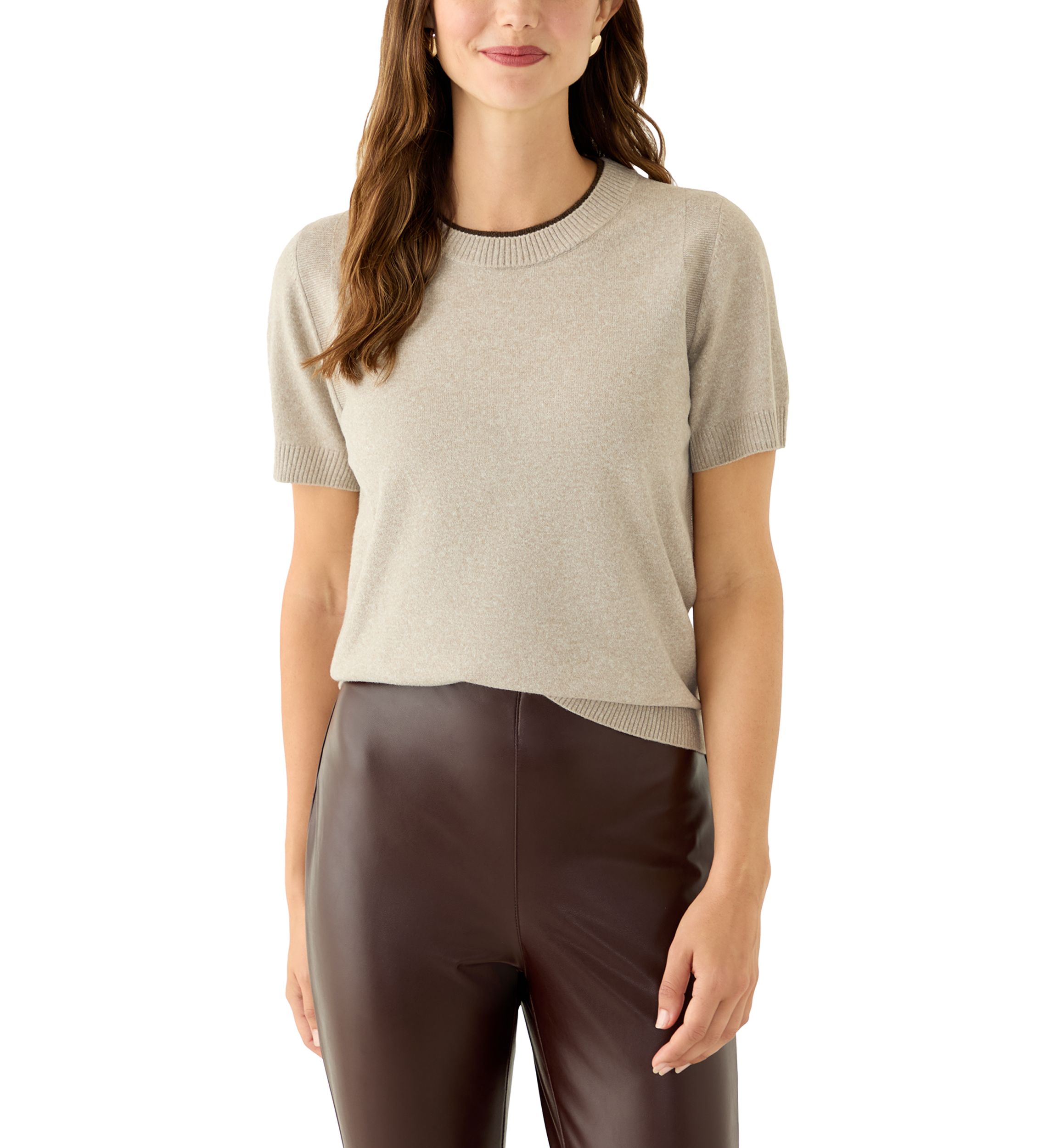 Womens Short Sleeve Tipped Crew Neck Sweater