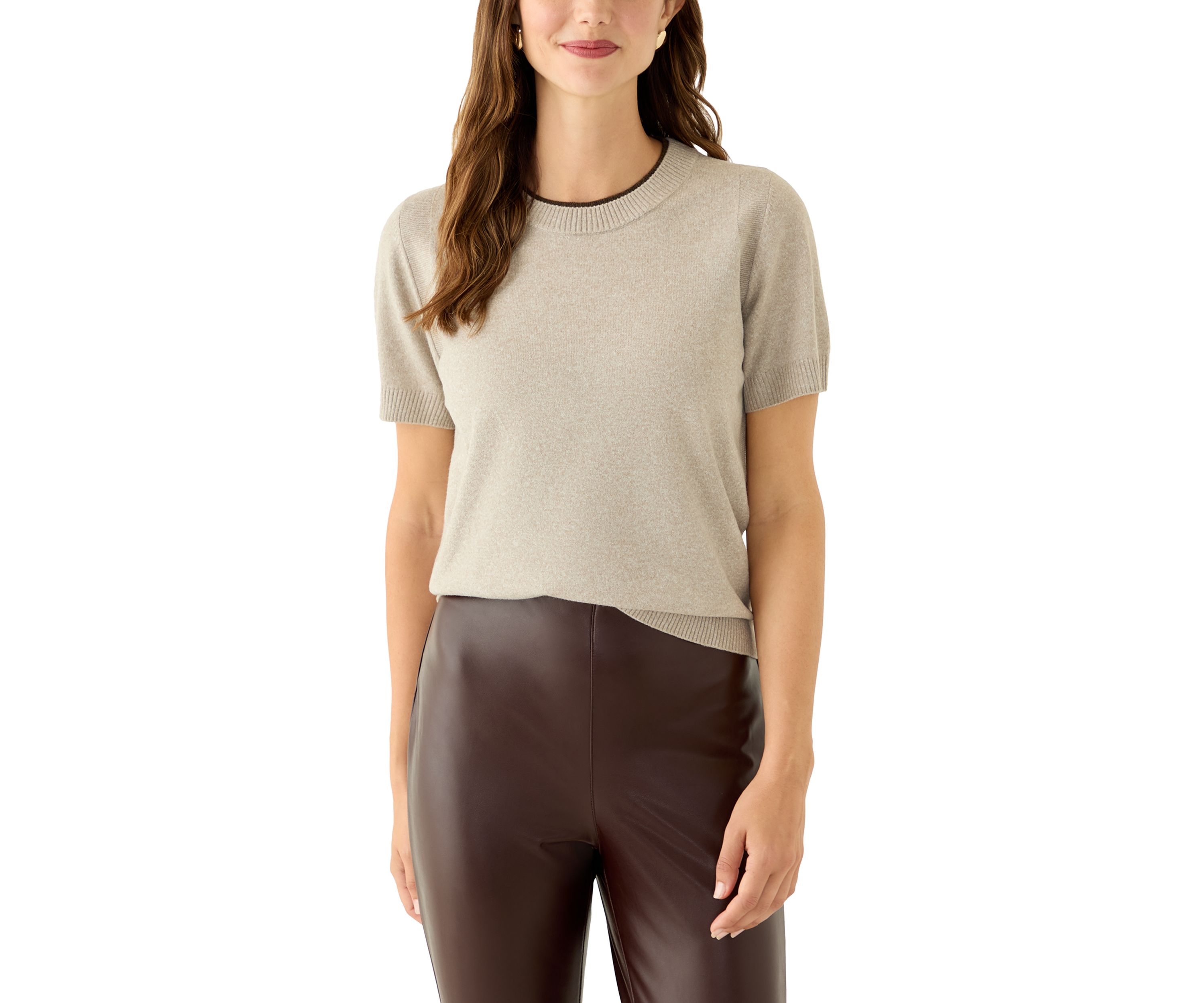 Womens Short Sleeve Tipped Crew Neck Sweater