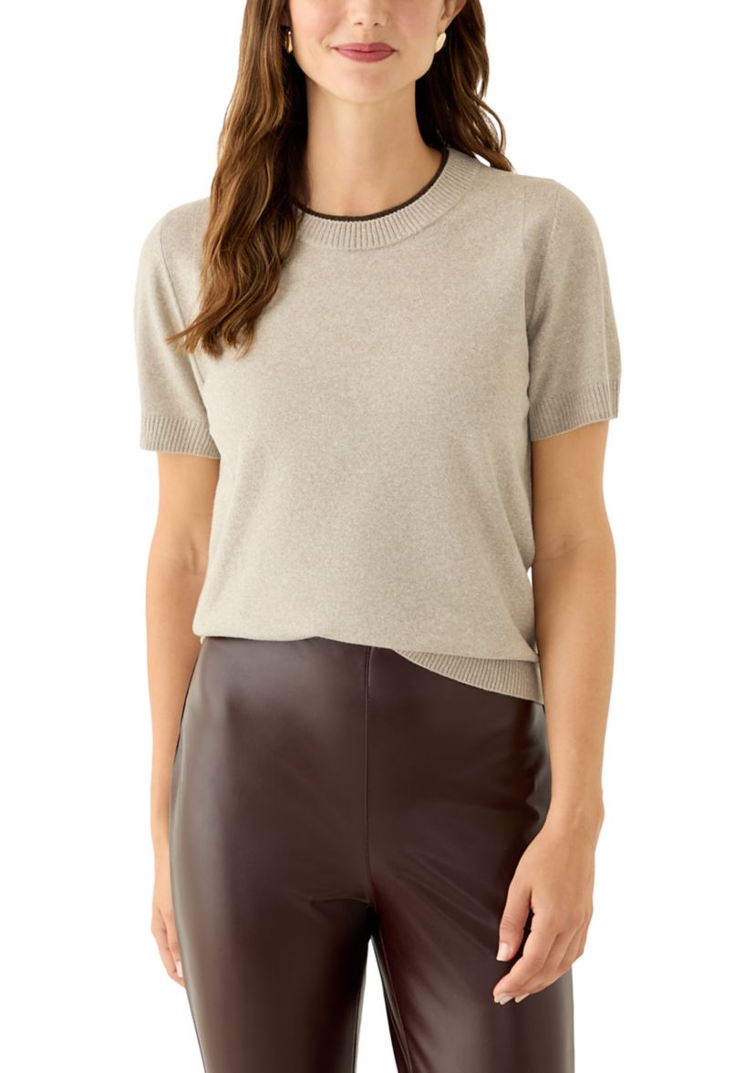Womens Short Sleeve Tipped Crew Neck Sweater