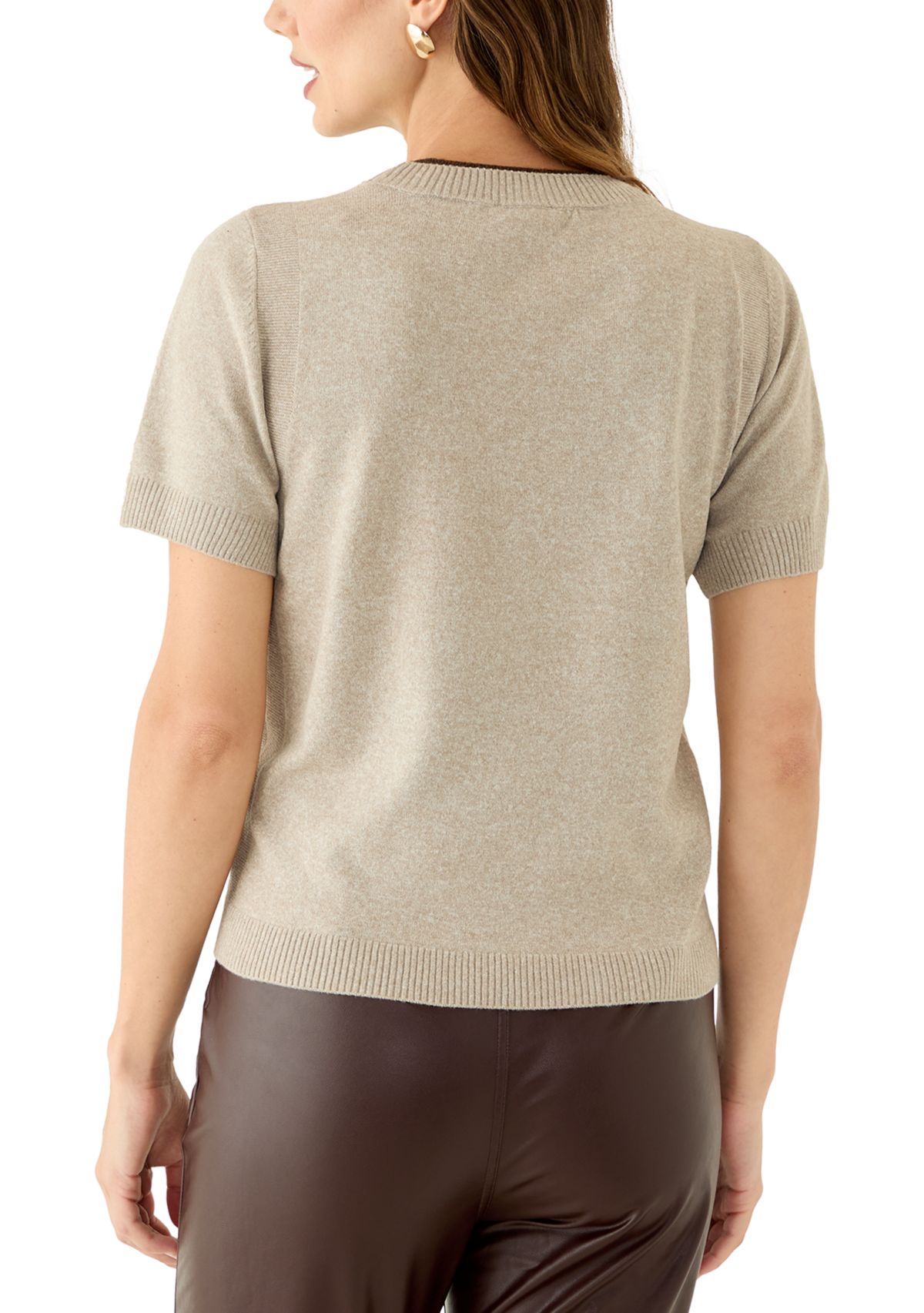 Womens Short Sleeve Tipped Crew Neck Sweater