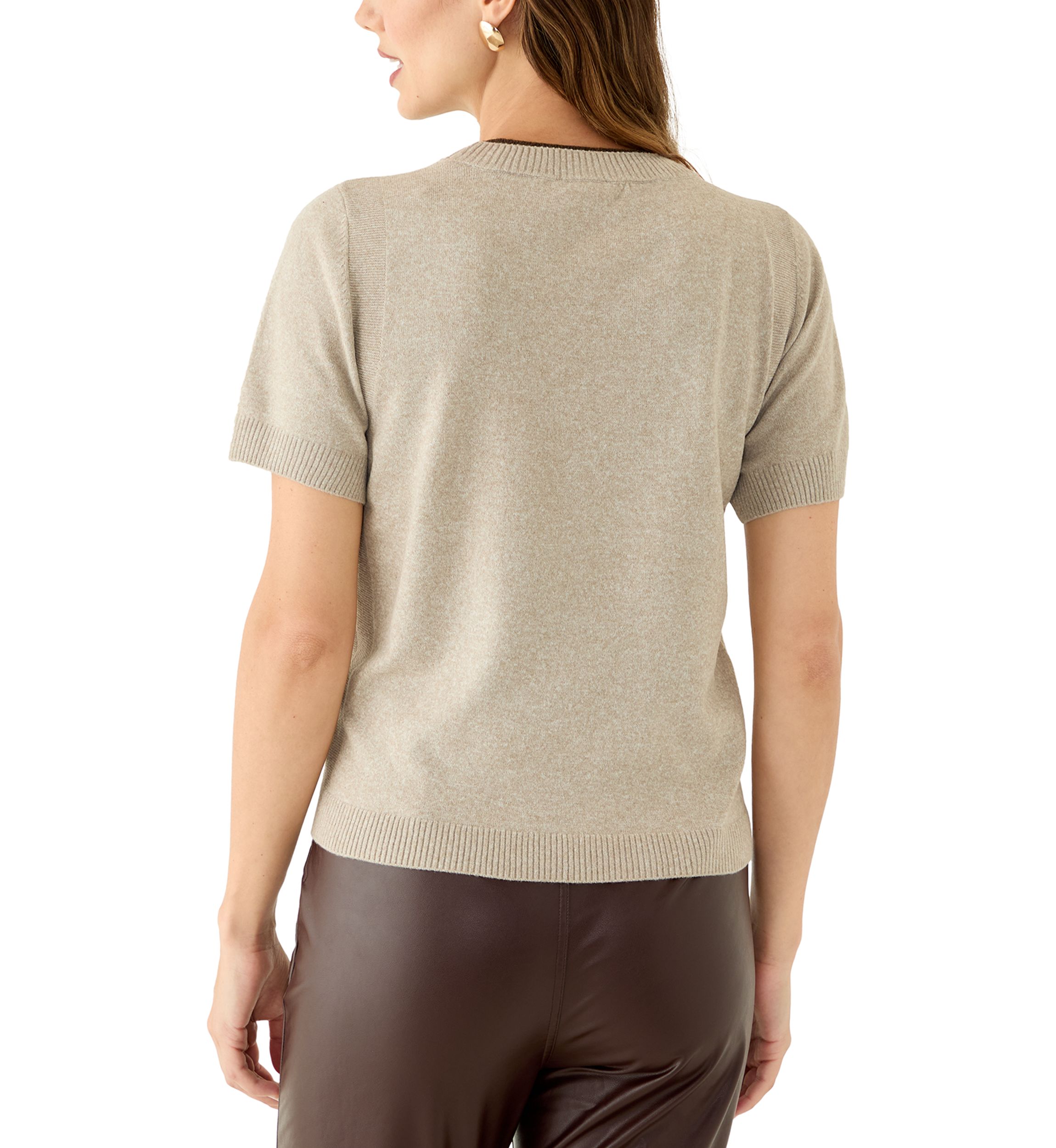 Womens Short Sleeve Tipped Crew Neck Sweater