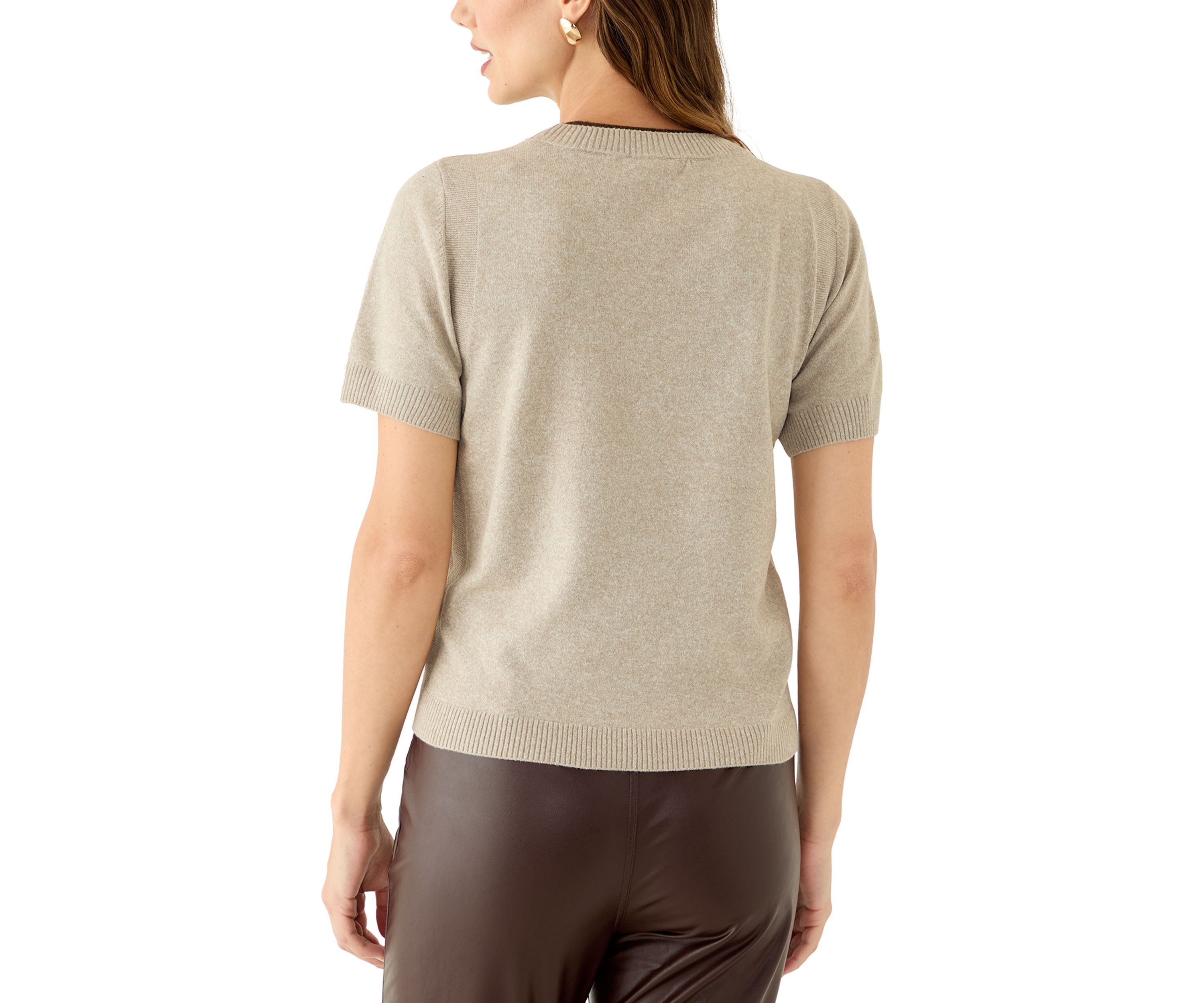 Womens Short Sleeve Tipped Crew Neck Sweater