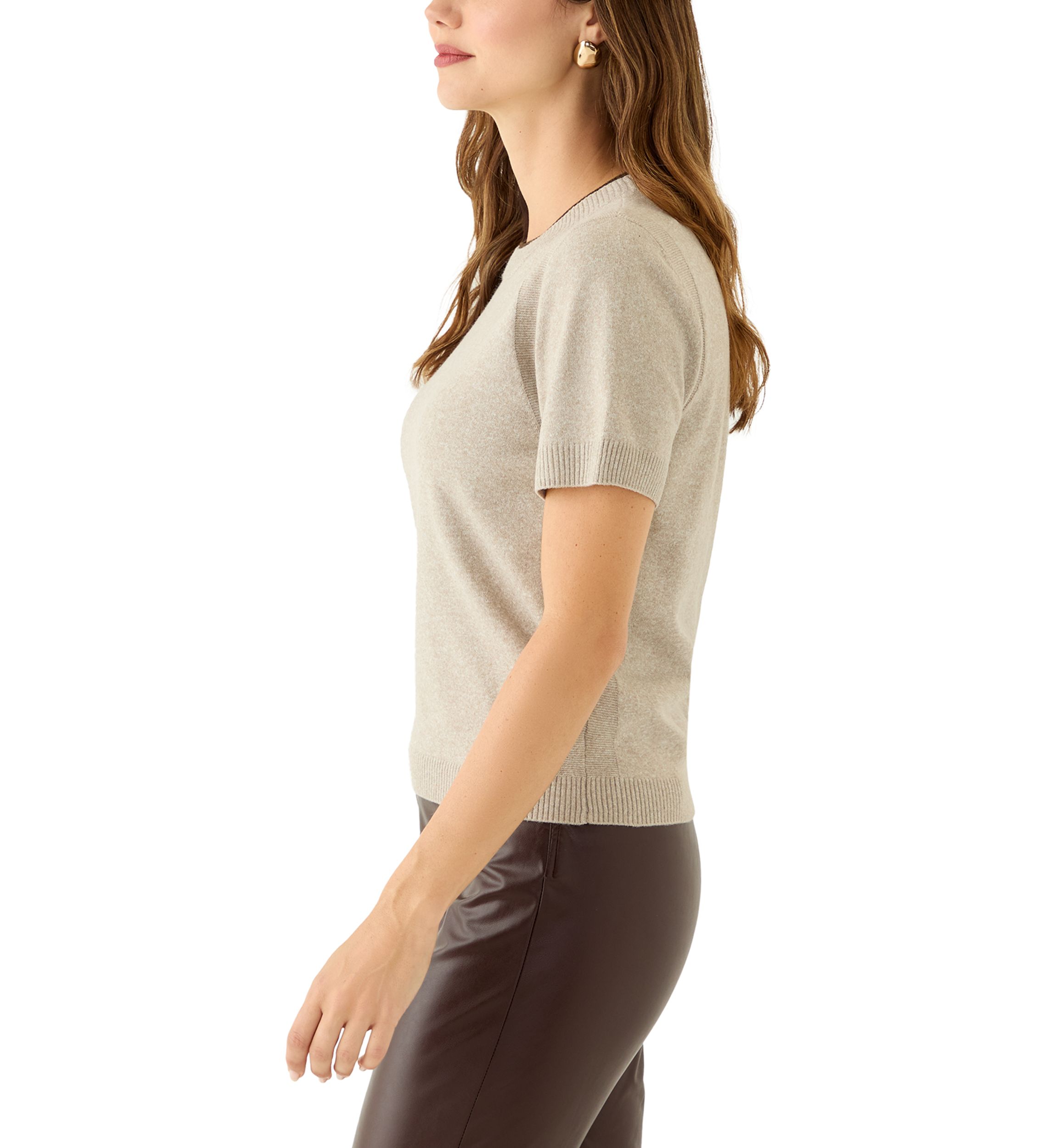 Womens Short Sleeve Tipped Crew Neck Sweater
