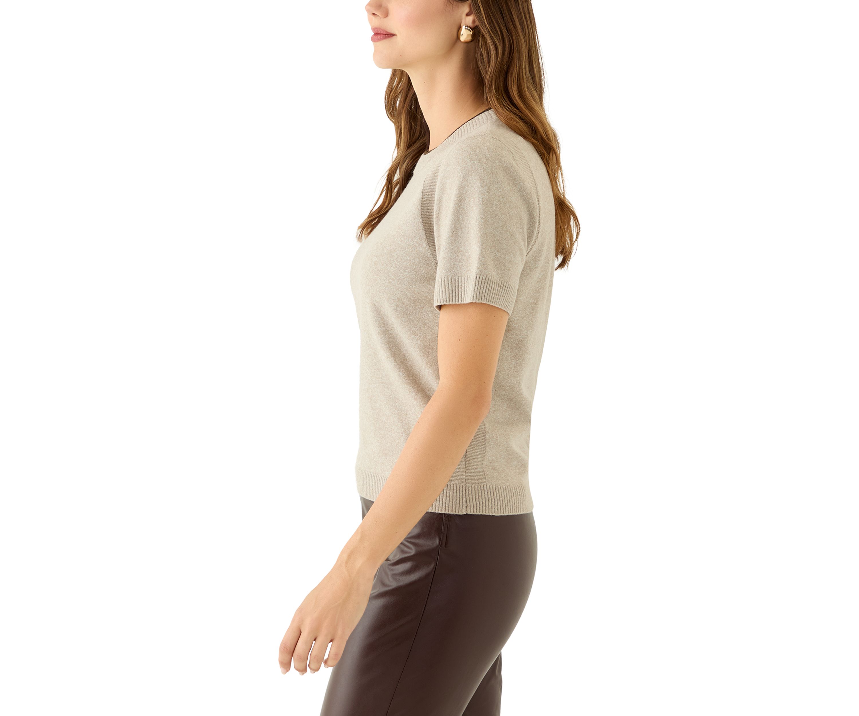 Womens Short Sleeve Tipped Crew Neck Sweater