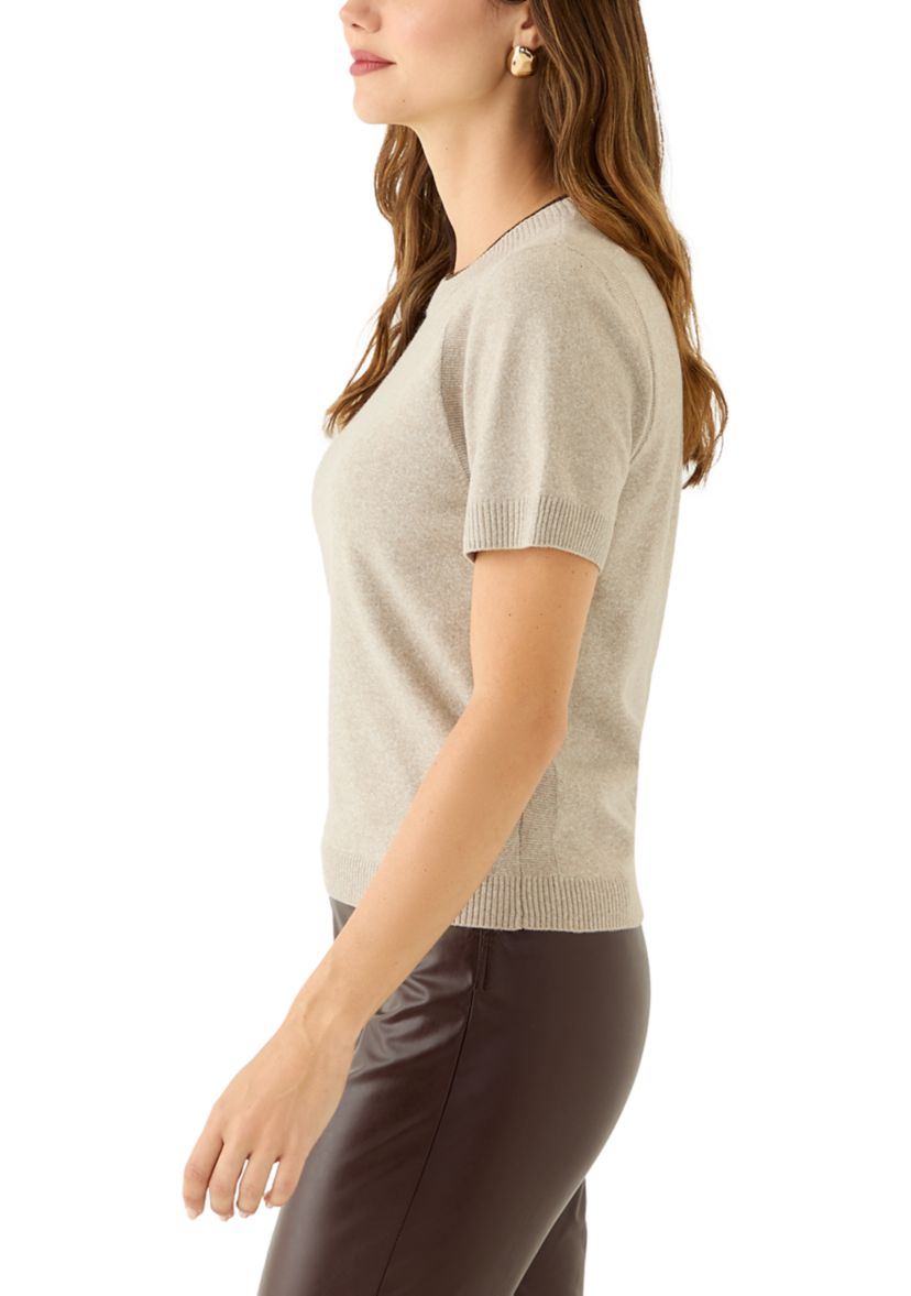 Womens Short Sleeve Tipped Crew Neck Sweater