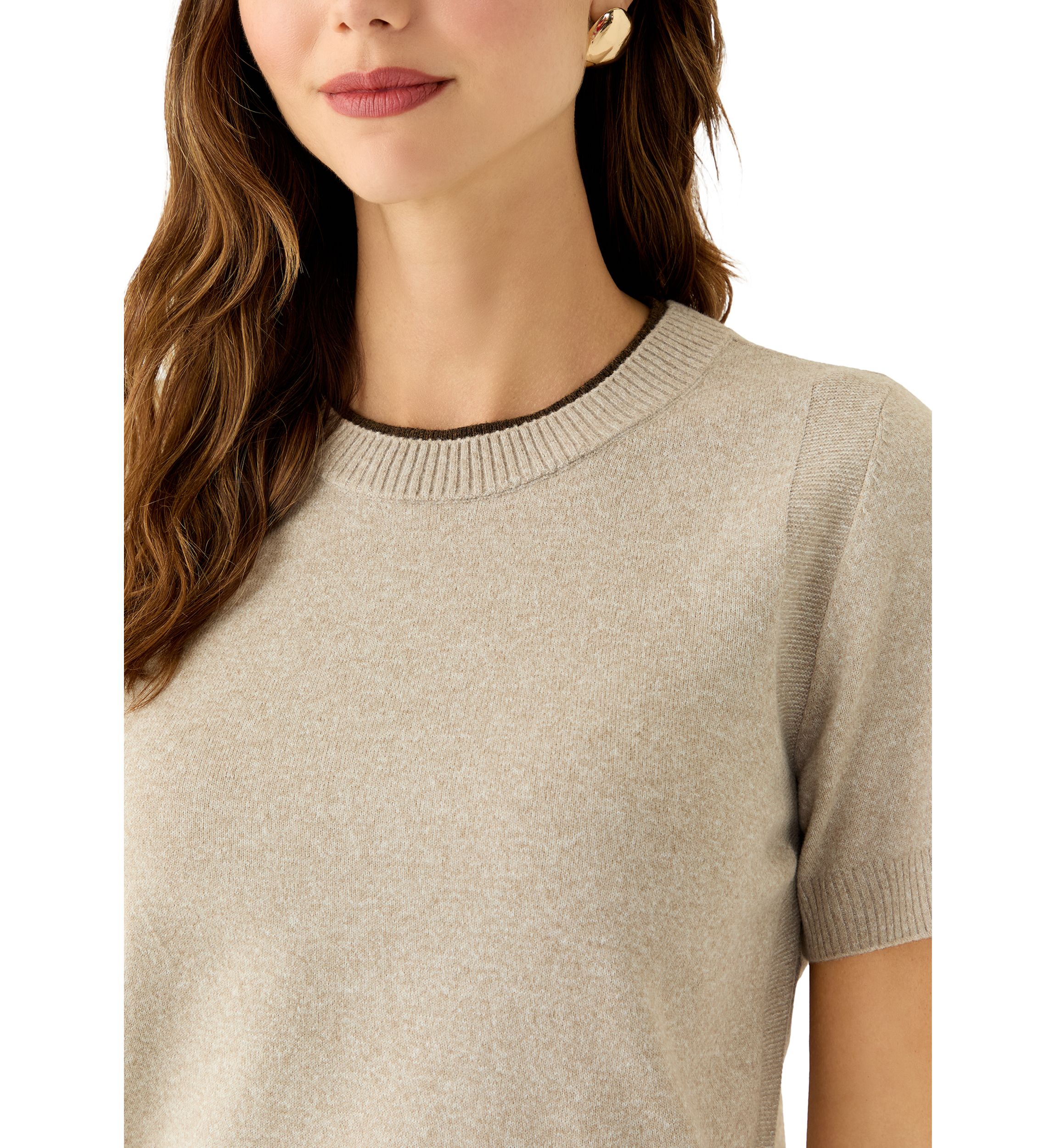 Womens Short Sleeve Tipped Crew Neck Sweater