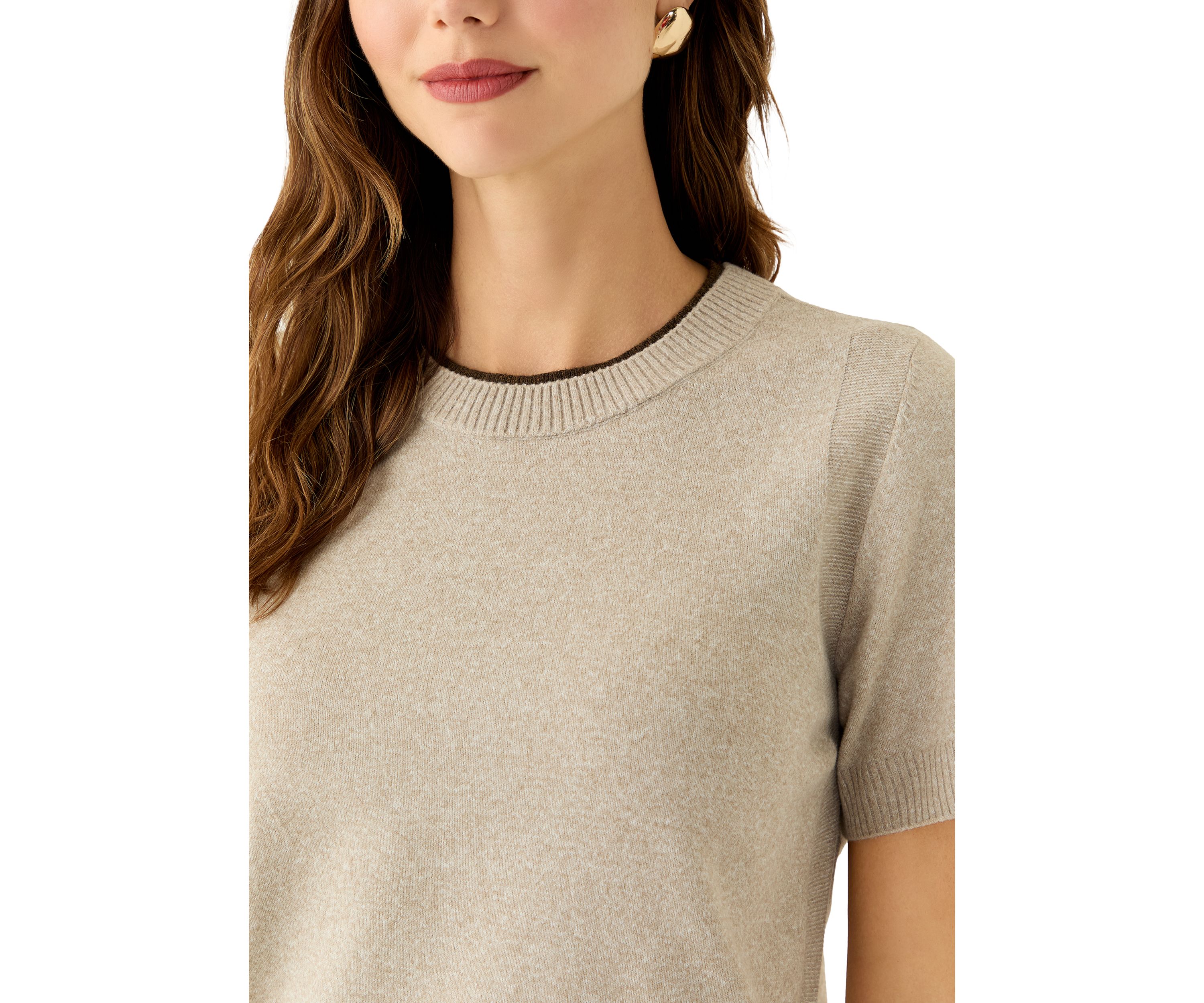 Womens Short Sleeve Tipped Crew Neck Sweater
