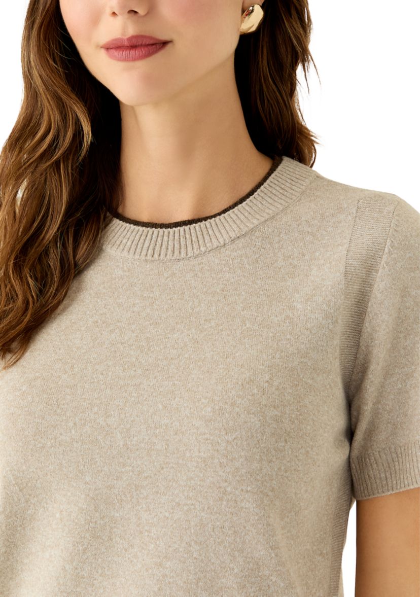 Womens Short Sleeve Tipped Crew Neck Sweater