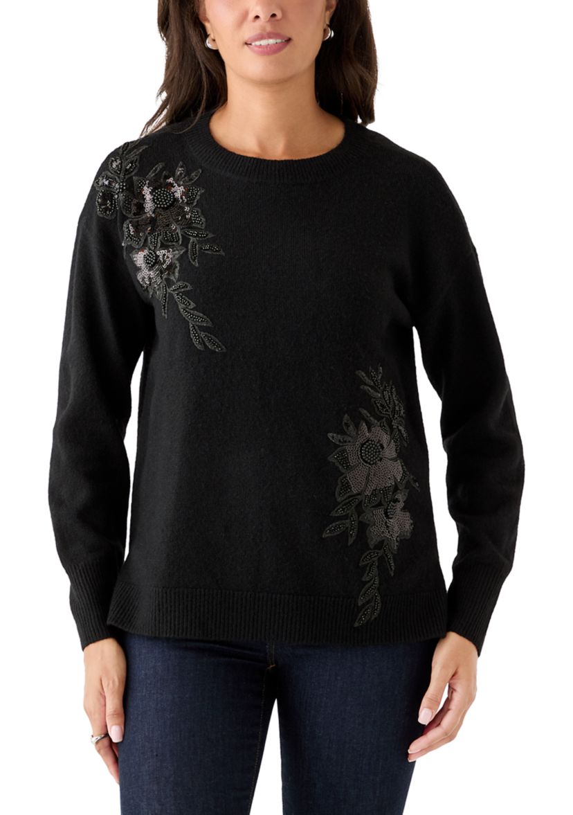 Womens Long Sleeve Floral Appliqué Sweater