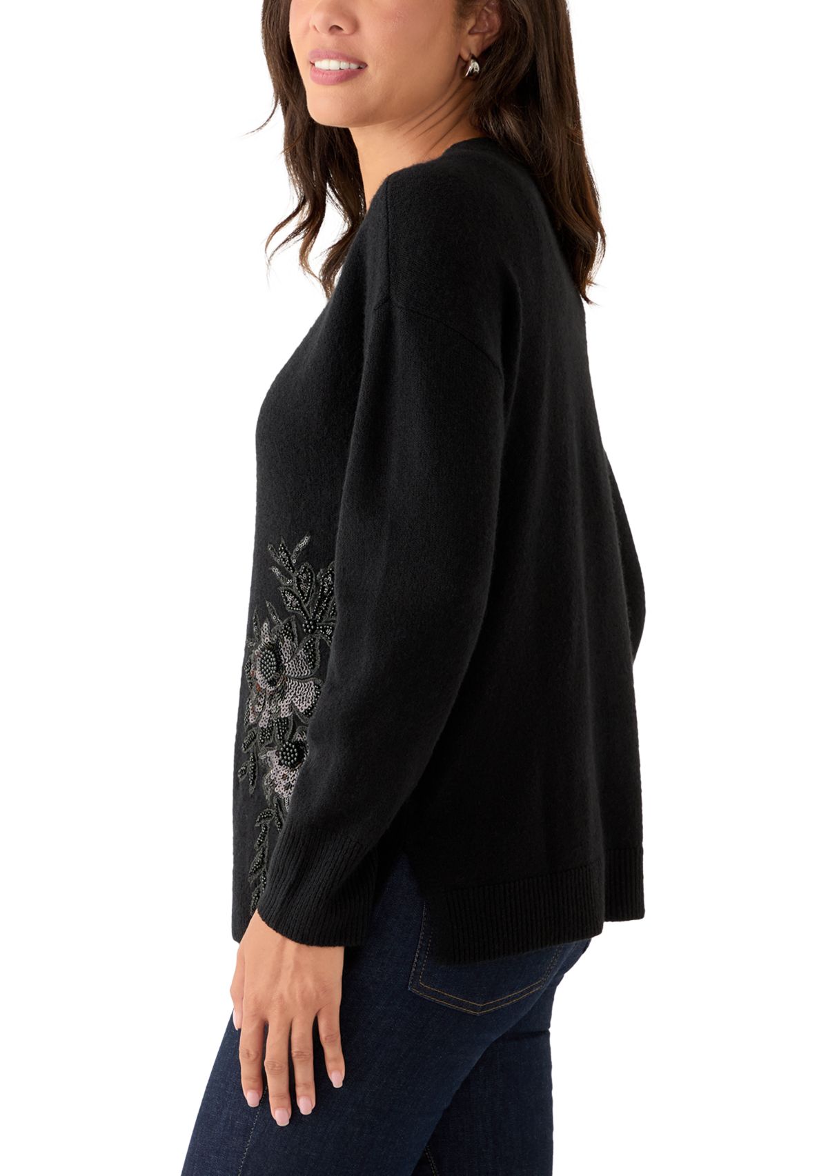 Womens Long Sleeve Floral Appliqué Sweater