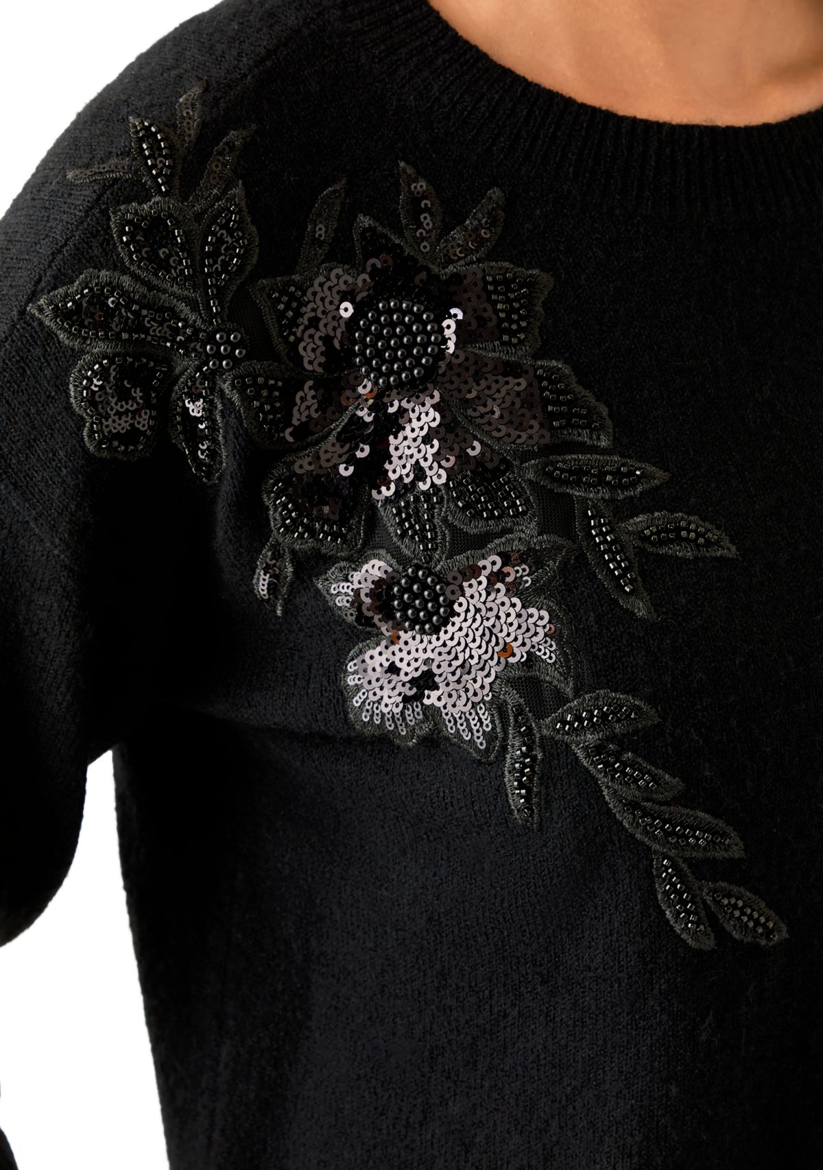 Womens Long Sleeve Floral Appliqué Sweater
