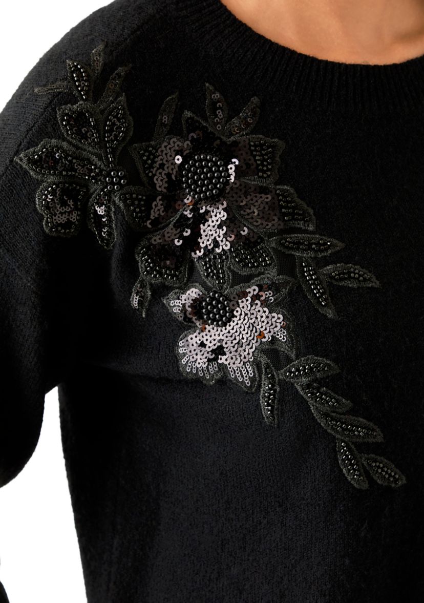 Womens Long Sleeve Floral Appliqué Sweater