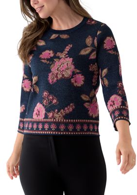Vince Camuto Women's Embroidered Floral Sweater, Navy Blue, Medium