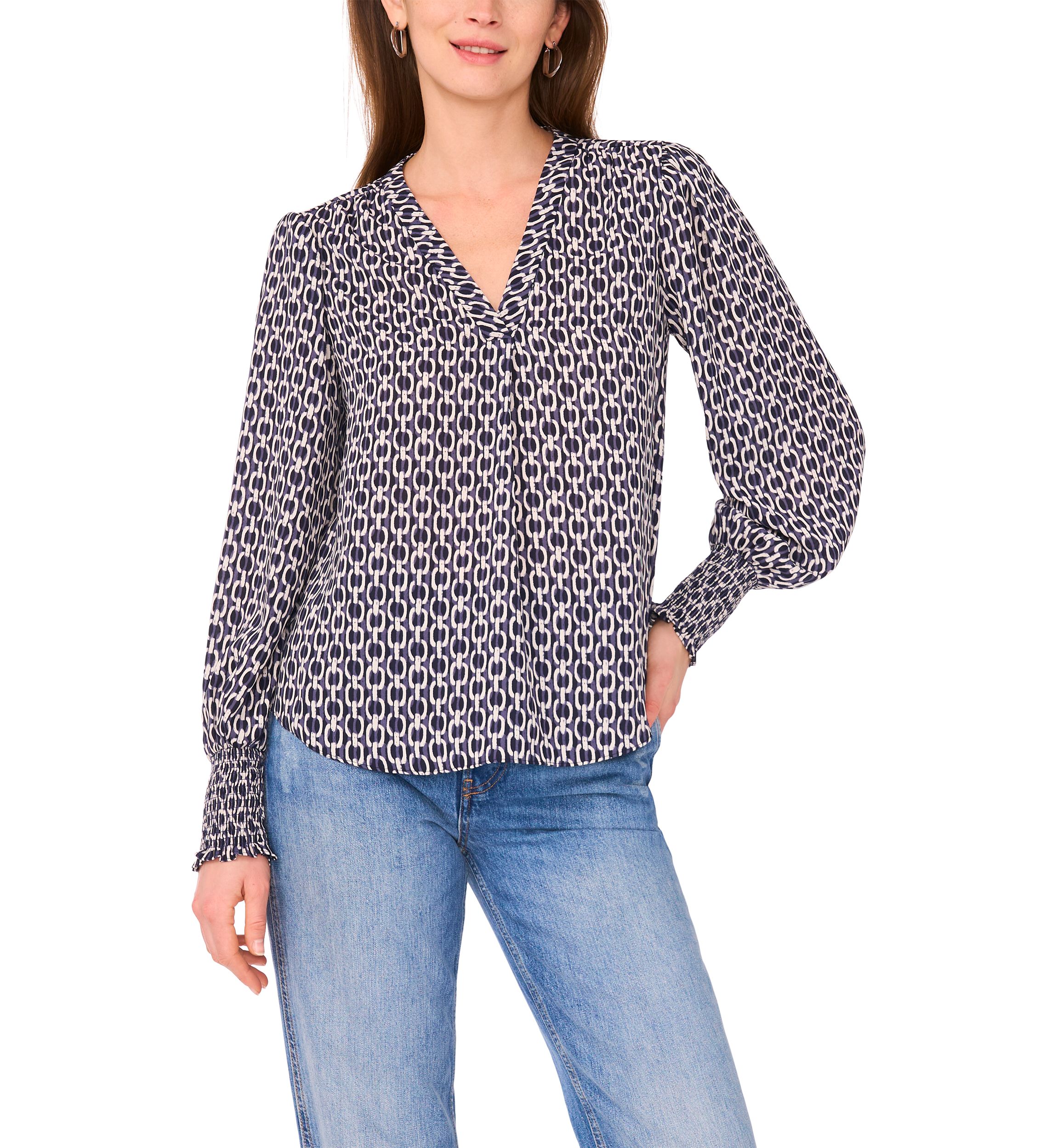 Womens Blouson Sleeve Smock Cuff Geo Printed Blouse