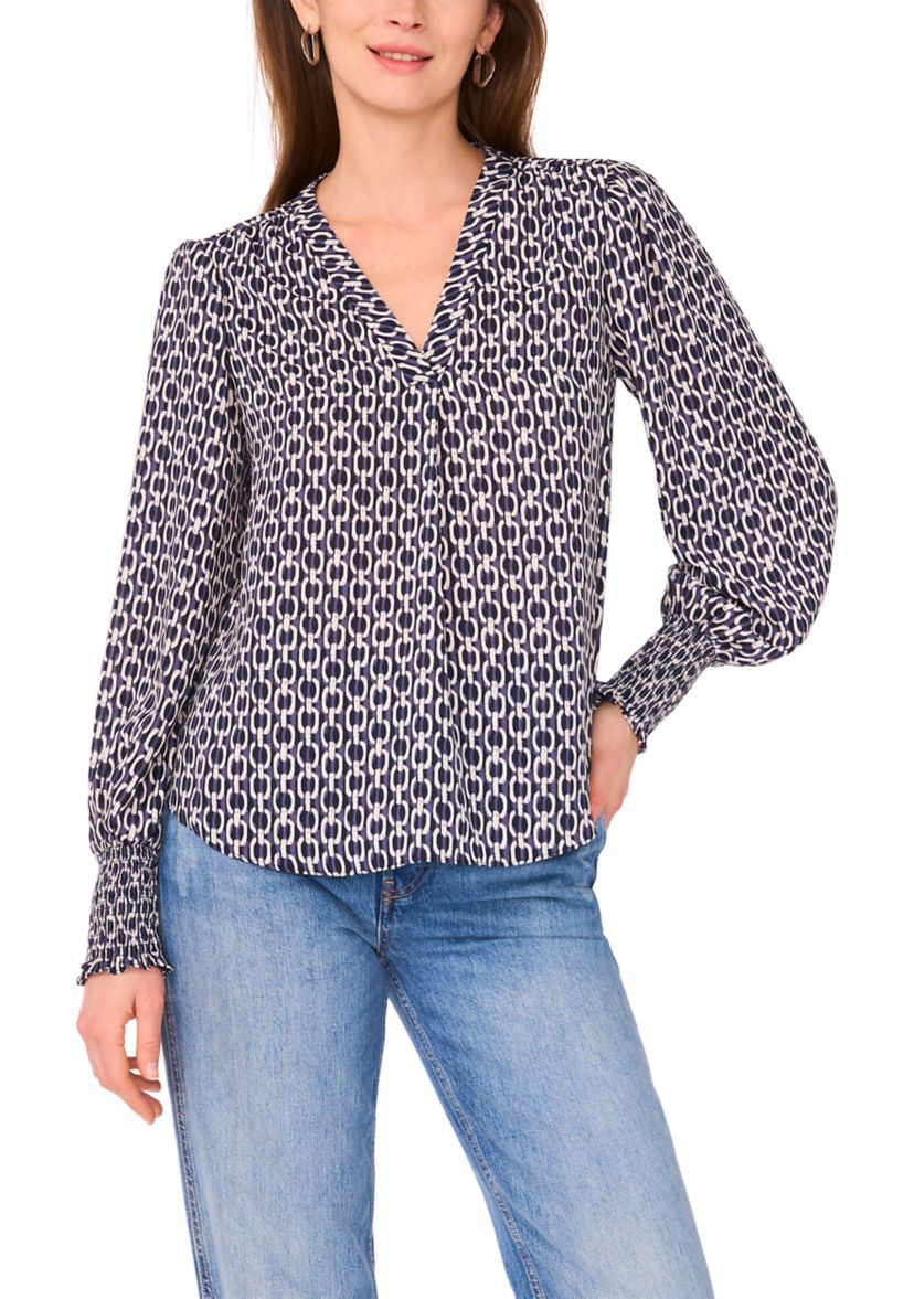 Womens Blouson Sleeve Smock Cuff Geo Printed Blouse