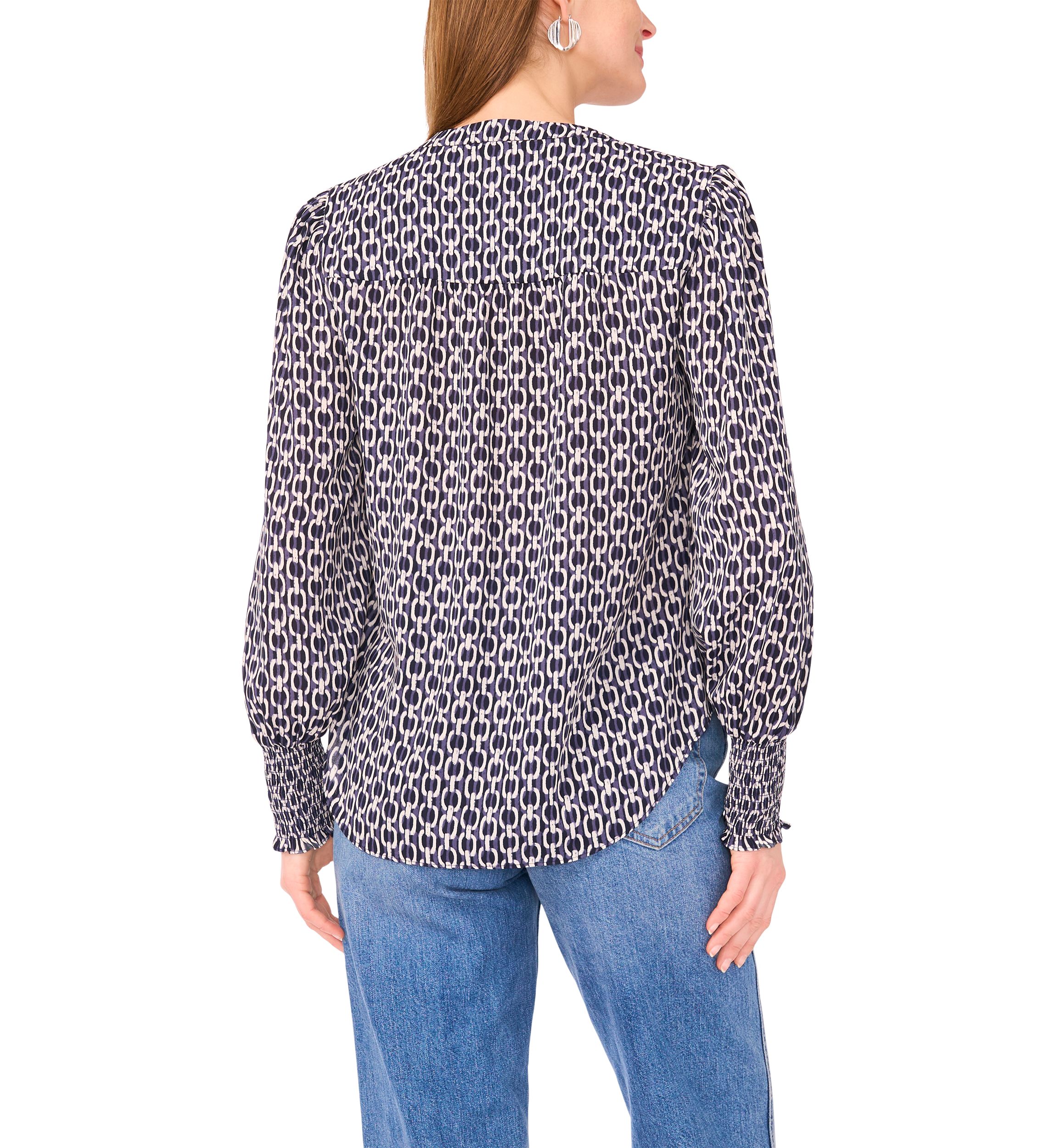 Womens Blouson Sleeve Smock Cuff Geo Printed Blouse
