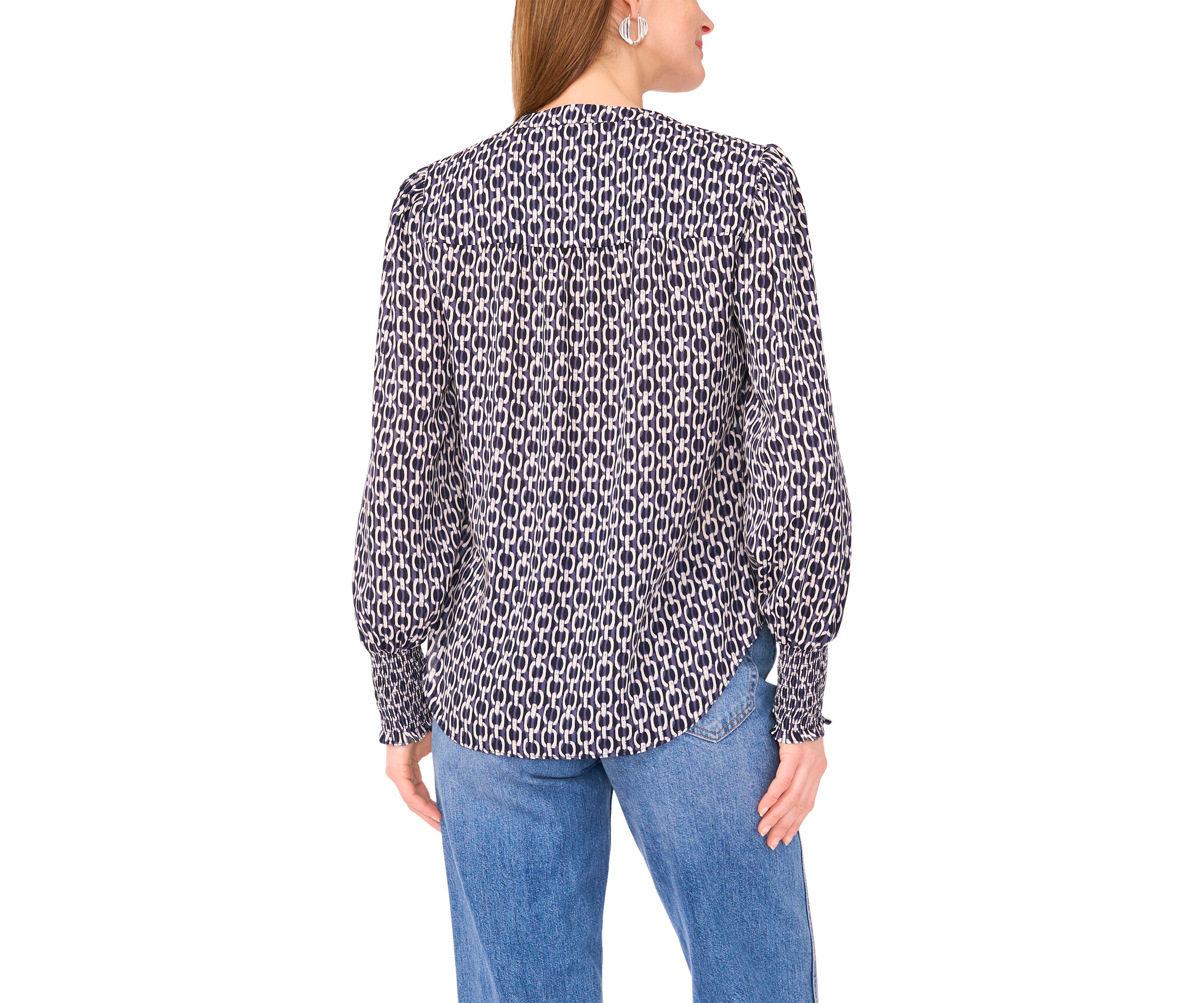 Womens Blouson Sleeve Smock Cuff Geo Printed Blouse