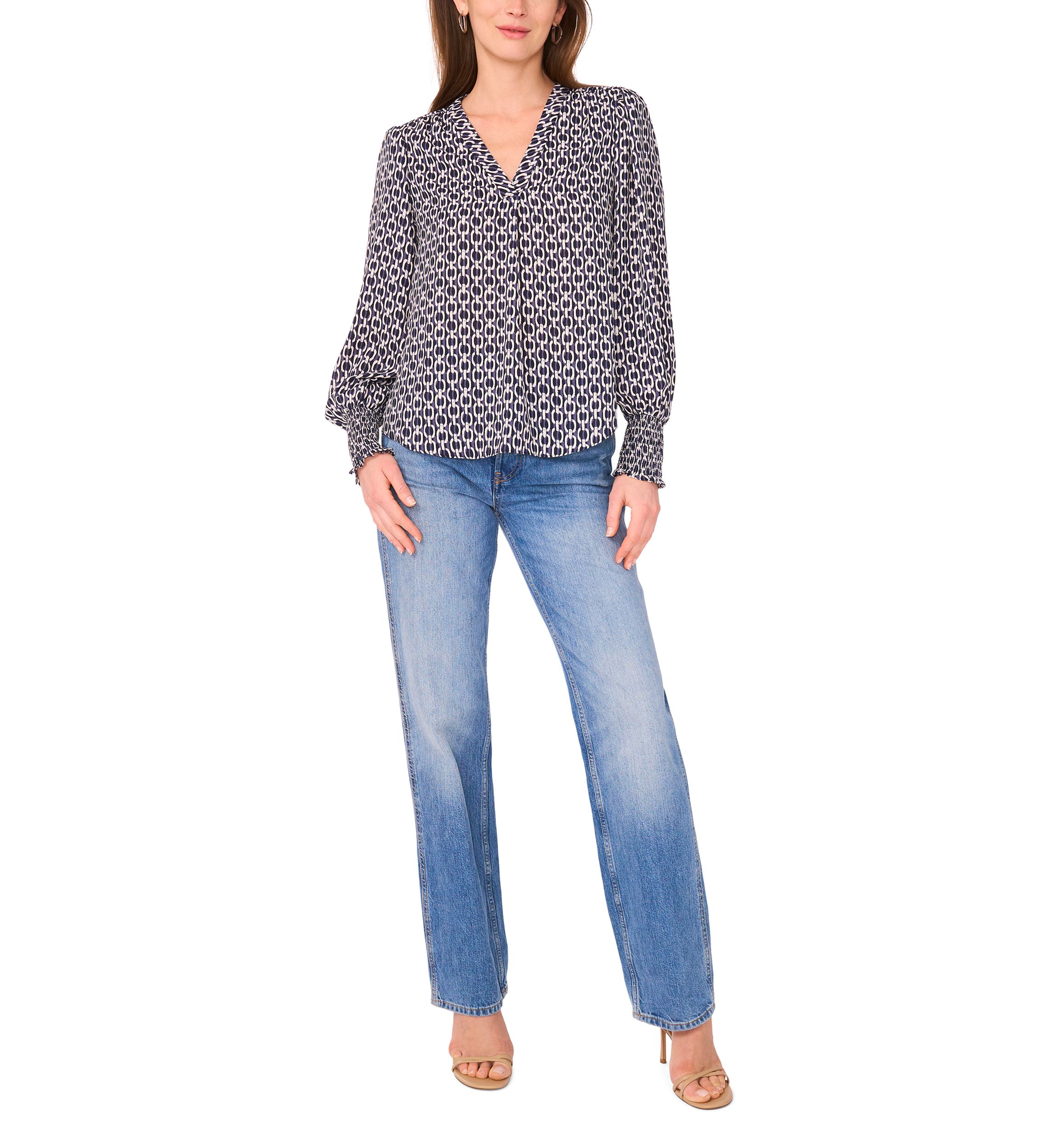 Womens Blouson Sleeve Smock Cuff Geo Printed Blouse