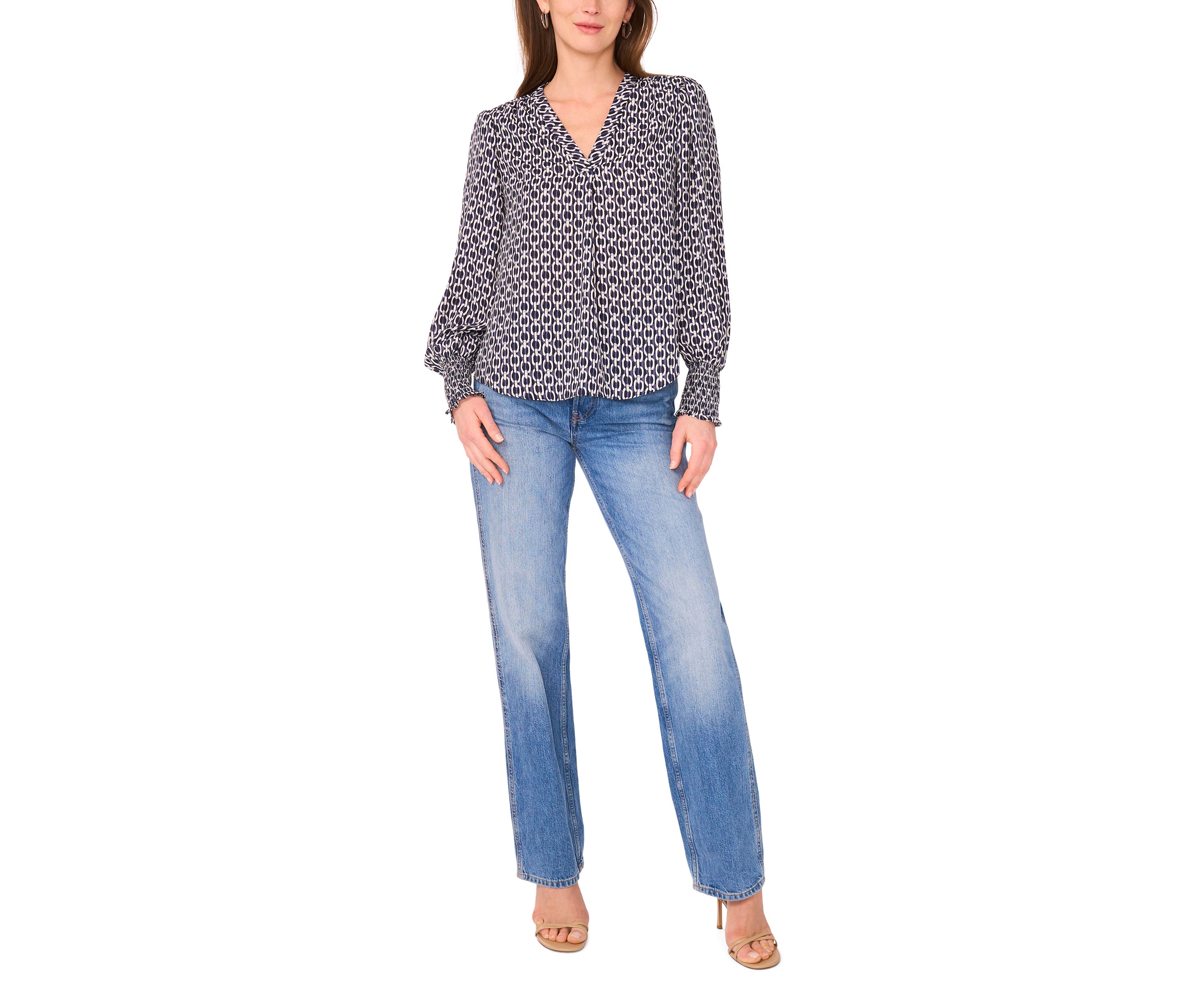 Womens Blouson Sleeve Smock Cuff Geo Printed Blouse