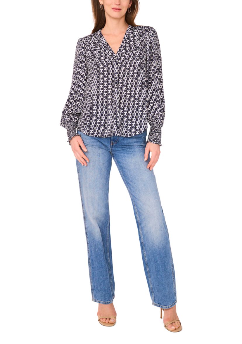 Womens Blouson Sleeve Smock Cuff Geo Printed Blouse