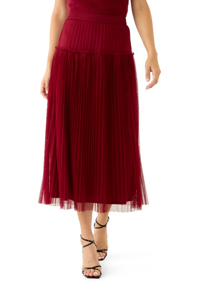 Womens Tulle Pleated Midi Skirt