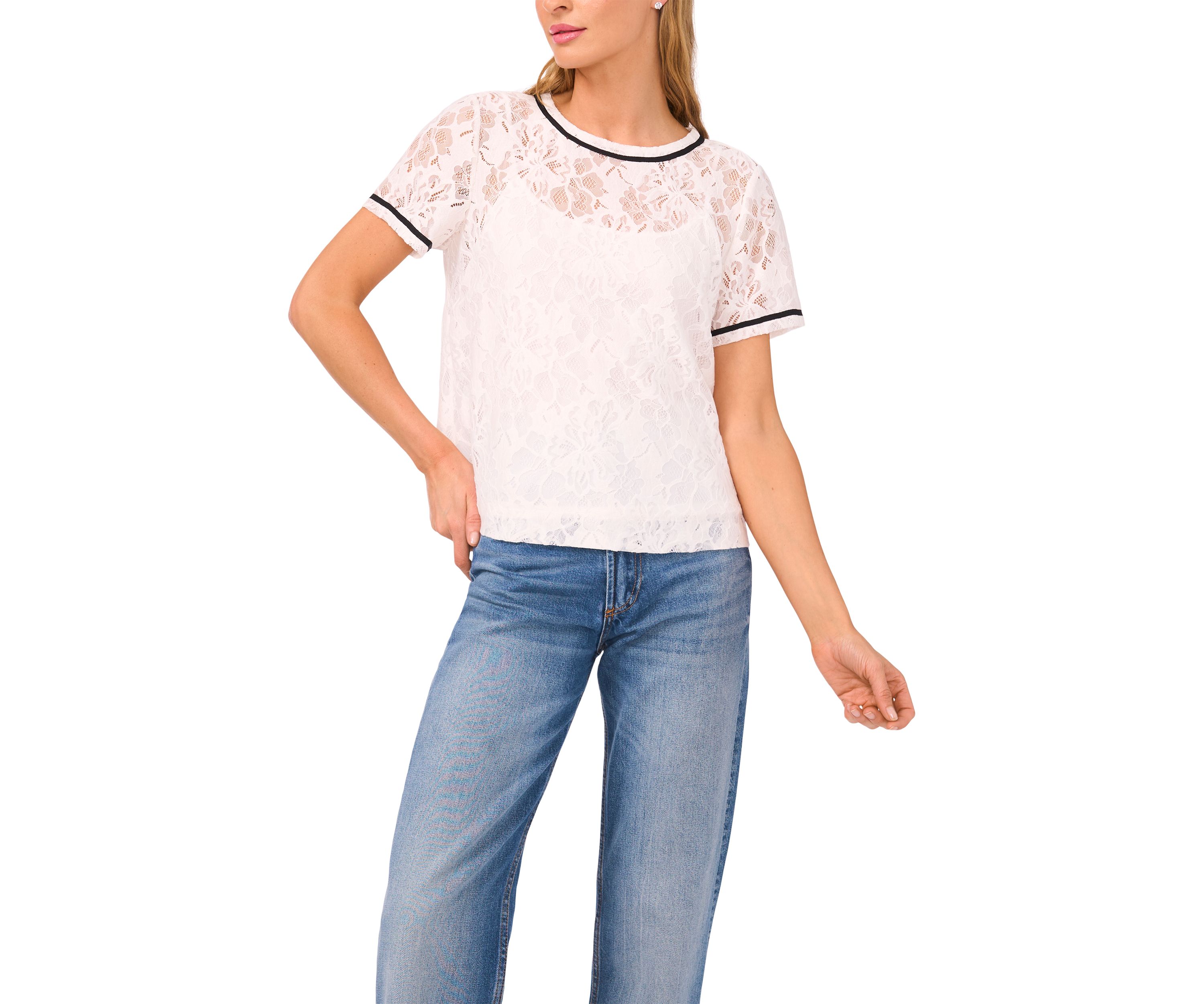 Womens Short Sleeve Lace Overlay Top