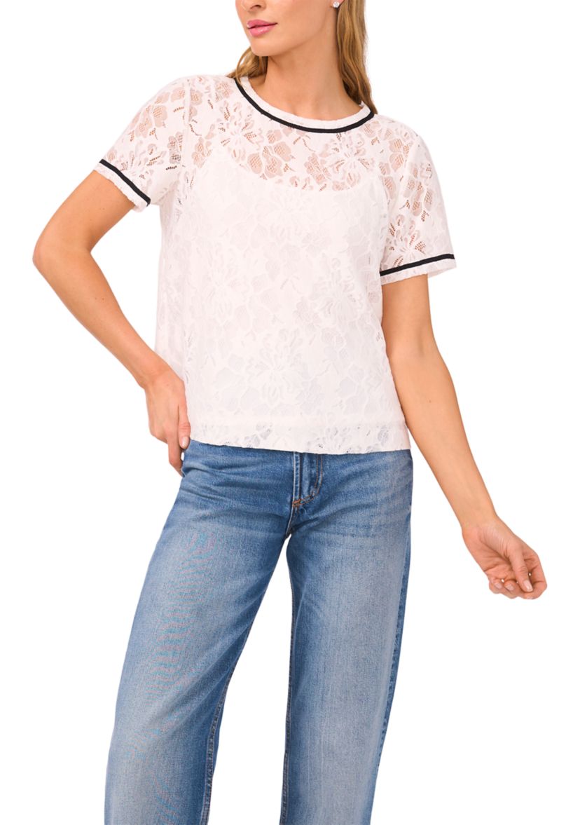 Womens Short Sleeve Lace Overlay Top