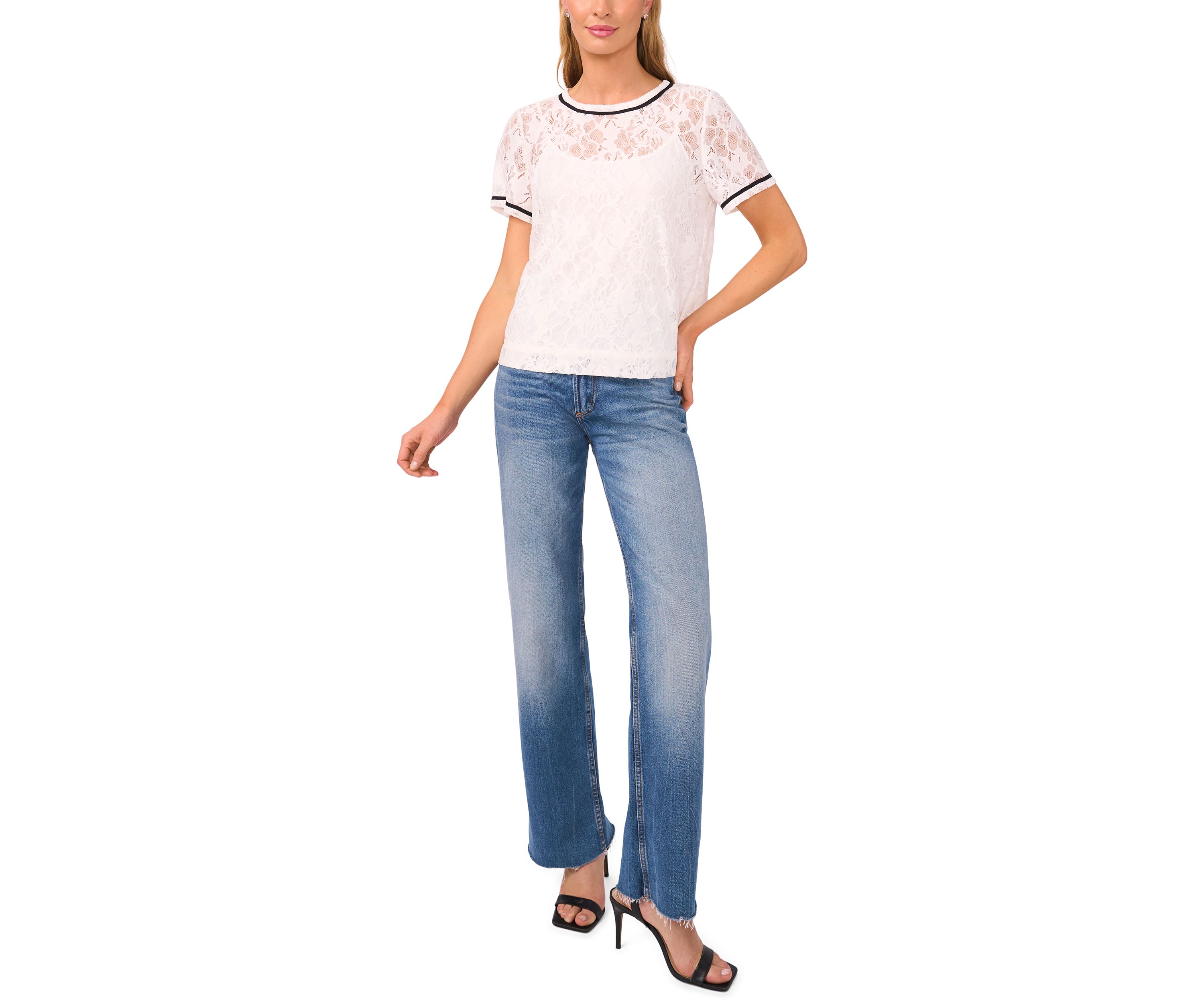 Womens Short Sleeve Lace Overlay Top