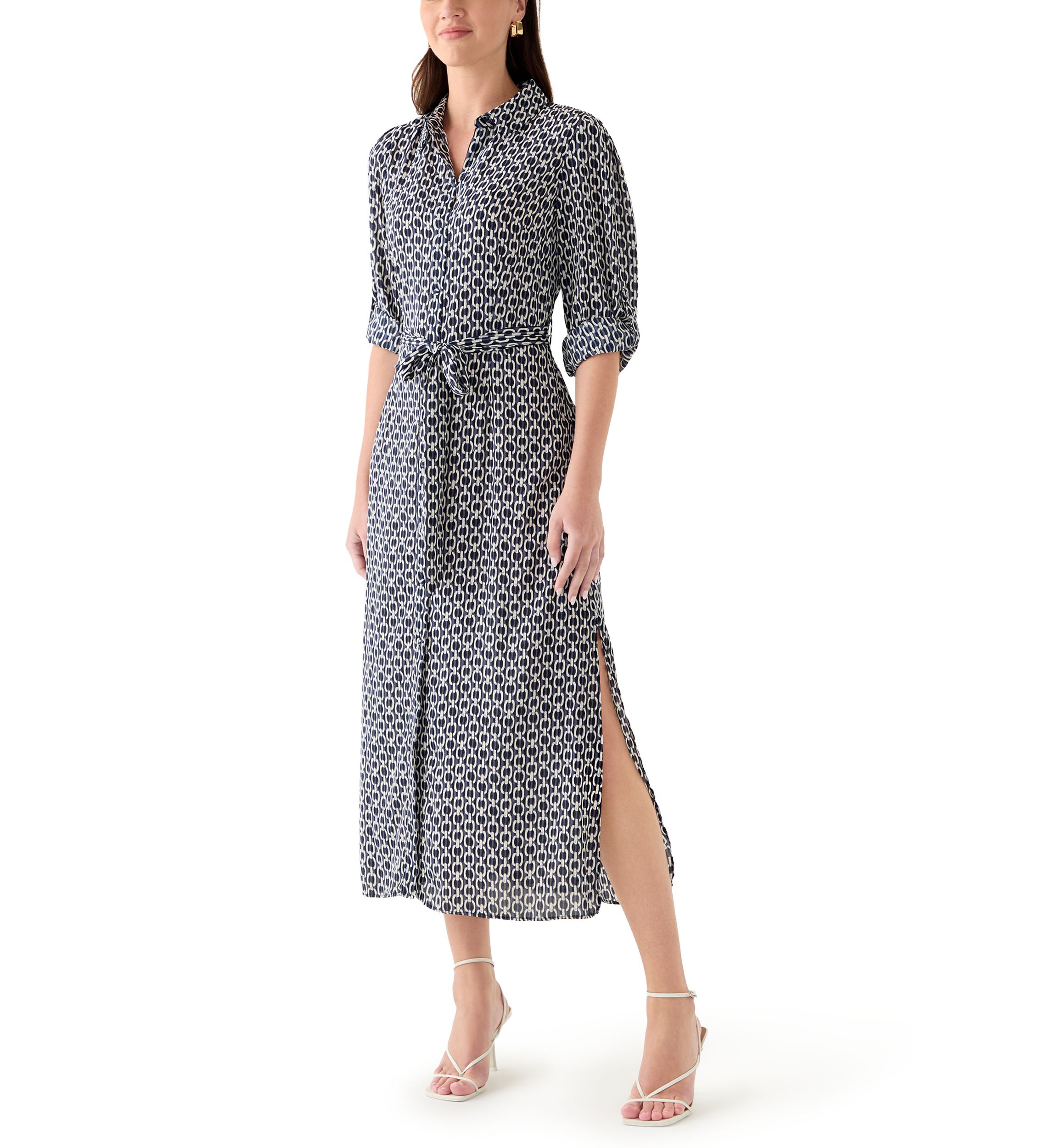 Womens Geo Print Roll Tab Shirt Dress