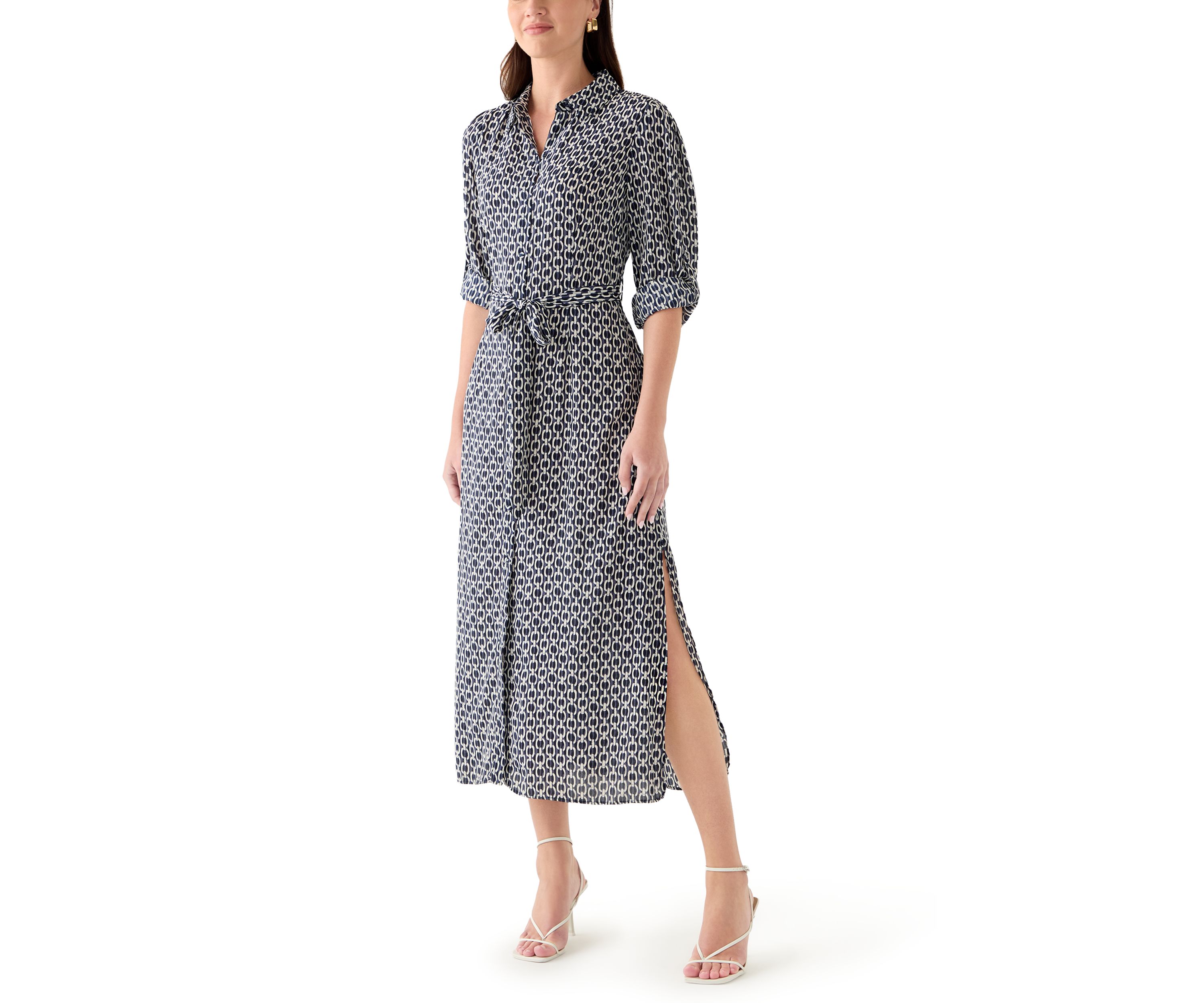 Womens Geo Print Roll Tab Shirt Dress