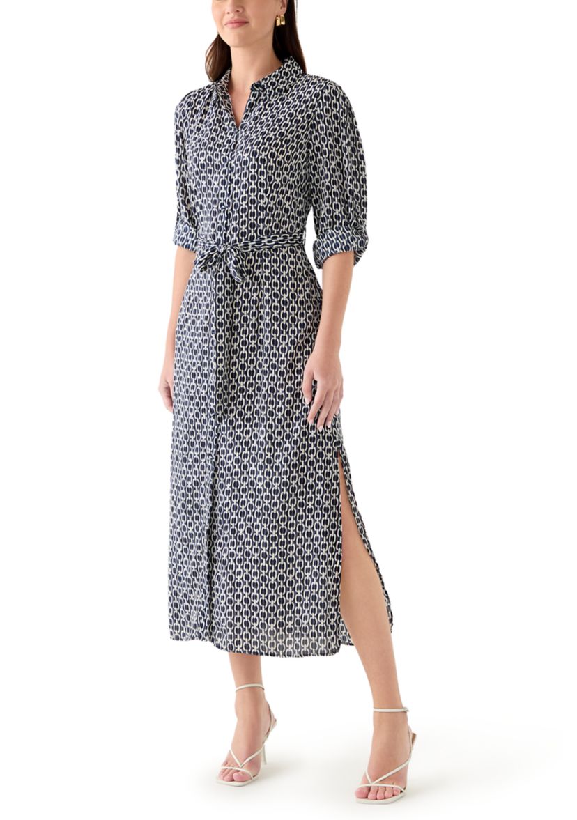 Womens Geo Print Roll Tab Shirt Dress
